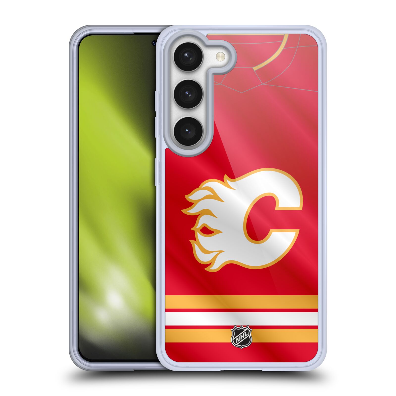Silikonové pouzdro na mobil Samsung Galaxy S23 - NHL - Dres Calgary Flames (Silikonový kryt, obal, pouzdro na mobilní telefon Samsung Galaxy S23 s licencovaným motivem NHL - Dres Calgary Flames)