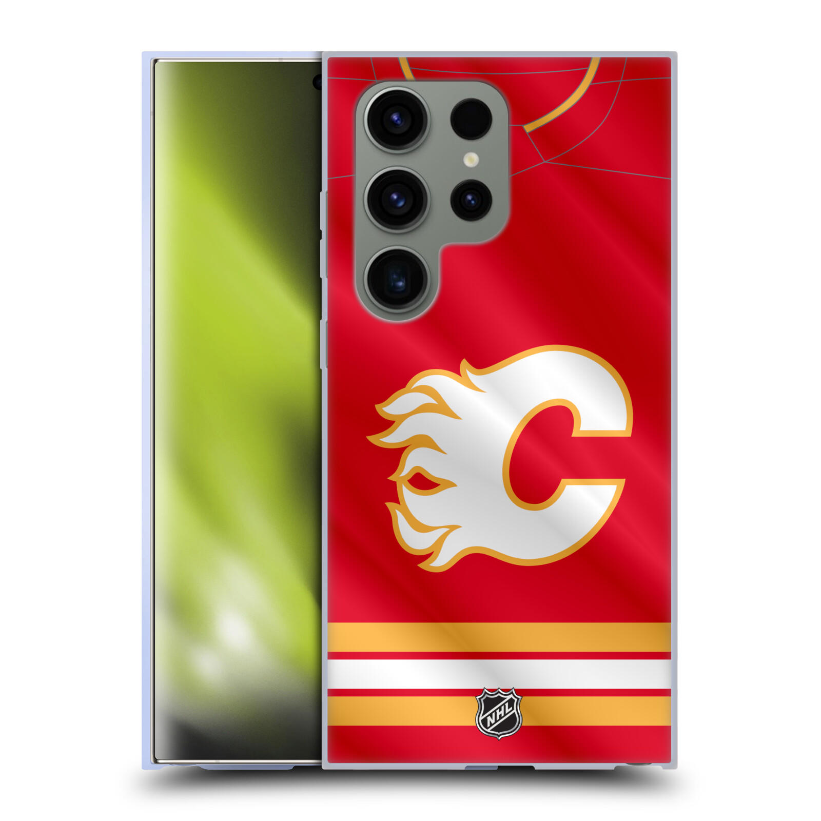 Silikonové lesklé pouzdro na mobil Samsung Galaxy S24 Ultra - NHL - Dres Calgary Flames (Silikonový kryt, obal, pouzdro na mobilní telefon Samsung Galaxy S24 Ultra s licencovaným motivem NHL - Dres Calgary Flames)