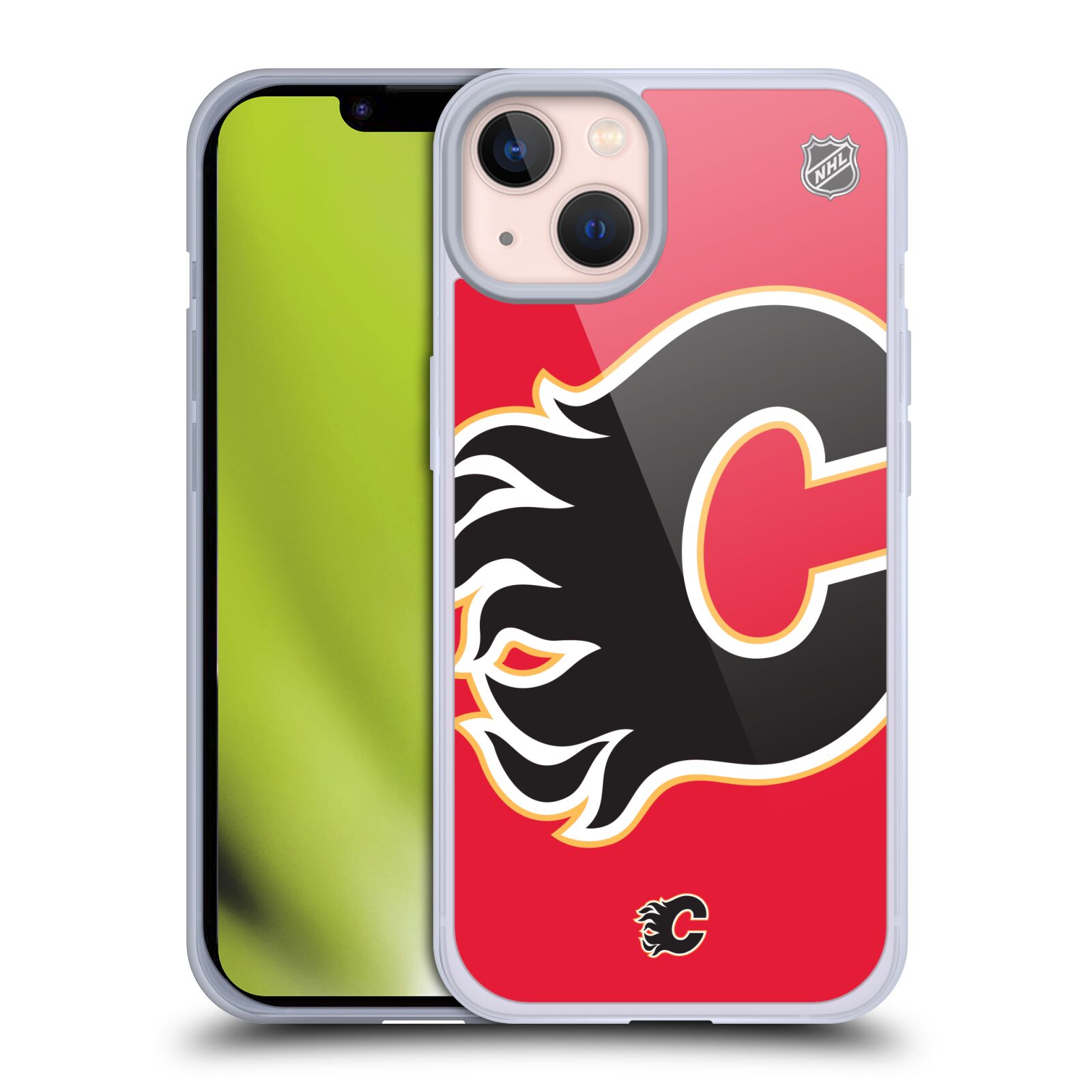 Silikonové pouzdro na mobil Apple iPhone 13 - NHL - Velké logo Calgary Flames (Silikonový kryt, obal, pouzdro na mobilní telefon Apple iPhone 13 s licencovaným motivem NHL - Velké logo Calgary Flames)