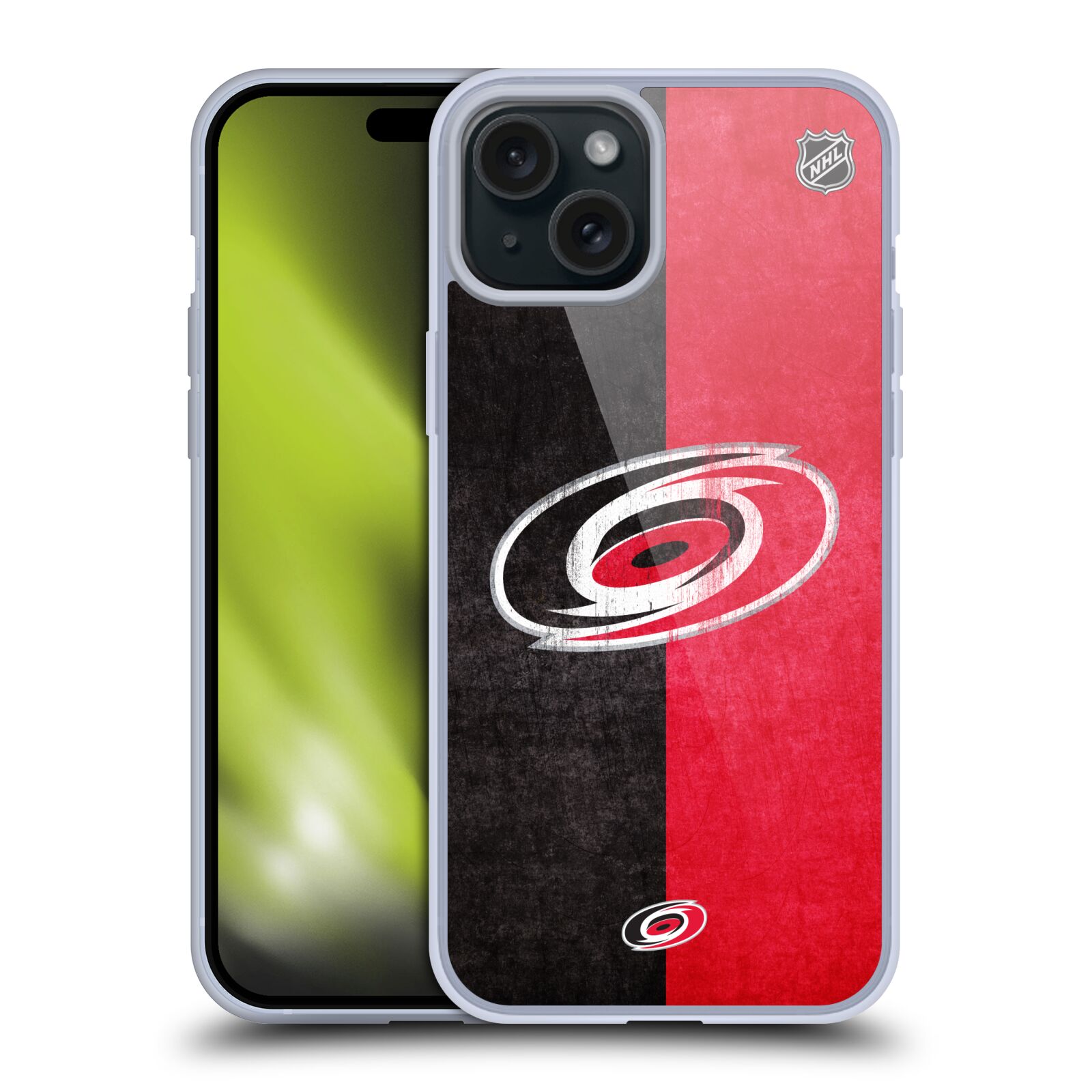 Silikonové lesklé pouzdro na mobil Apple iPhone 15 Plus - NHL - Půlené logo Carolina Hurricanes (Silikonový lesklý kryt, obal, pouzdro na mobilní telefon Apple iPhone 15 Plus s licencovaným motivem NHL - Půlené logo Carolina Hurricanes)