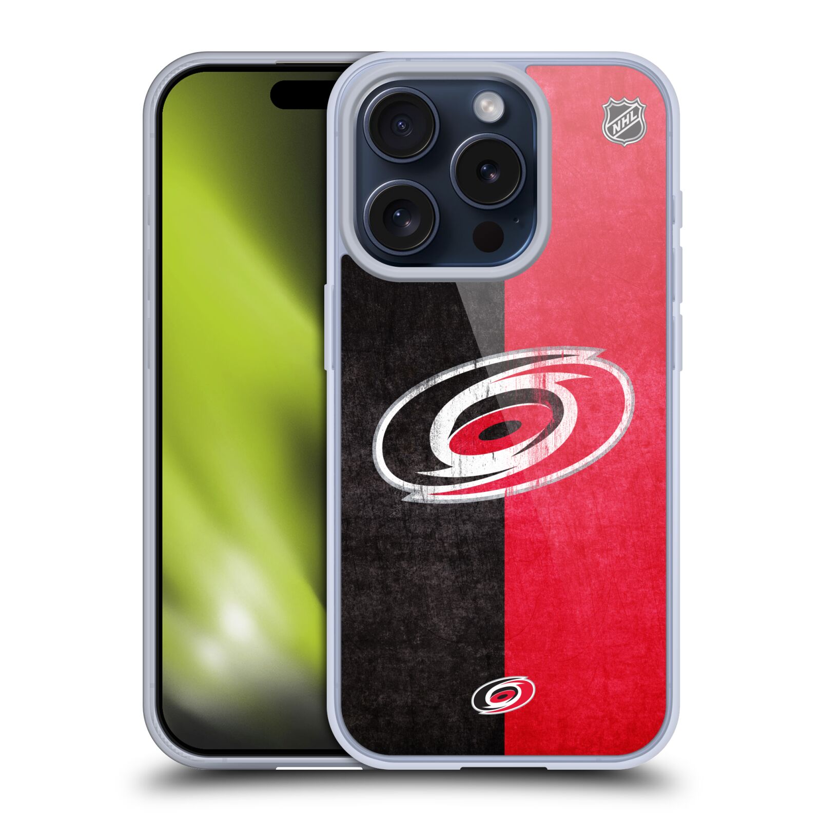 Silikonové lesklé pouzdro na mobil Apple iPhone 15 Pro - NHL - Půlené logo Carolina Hurricanes (Silikonový lesklý kryt, obal, pouzdro na mobilní telefon Apple iPhone 15 Pro s licencovaným motivem NHL - Půlené logo Carolina Hurricanes)