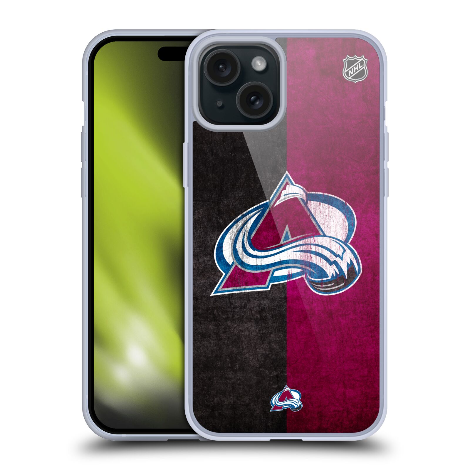 Silikonové lesklé pouzdro na mobil Apple iPhone 15 Plus - NHL - Půlené logo Colorado Avalanche (Silikonový lesklý kryt, obal, pouzdro na mobilní telefon Apple iPhone 15 Plus s licencovaným motivem NHL - Půlené logo Colorado Avalanche)