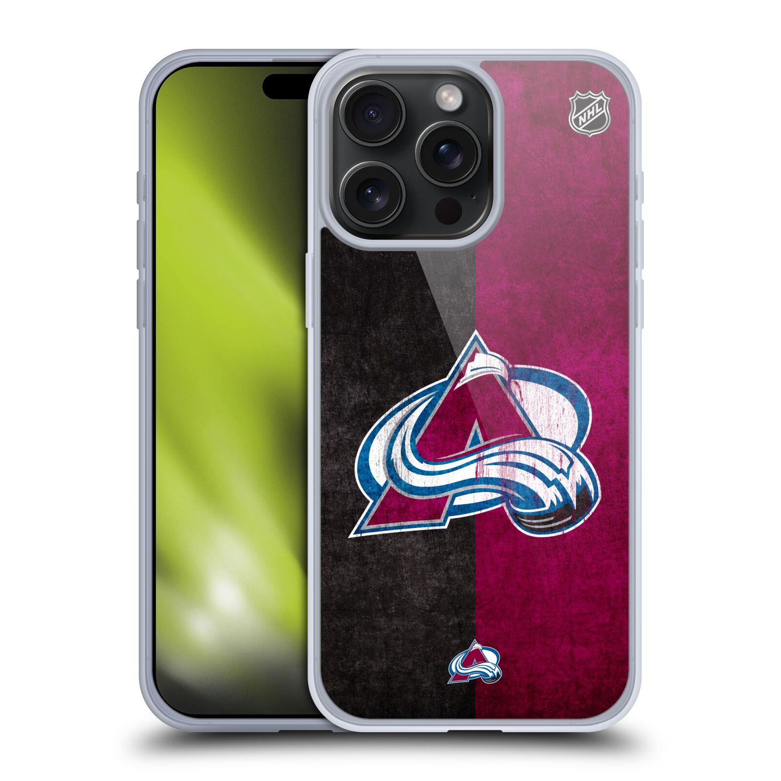 Silikonové lesklé pouzdro na mobil Apple iPhone 15 Pro Max - NHL - Půlené logo Colorado Avalanche (Silikonový lesklý kryt, obal, pouzdro na mobilní telefon Apple iPhone 15 Pro Max s licencovaným motivem NHL - Půlené logo Colorado Avalanche)