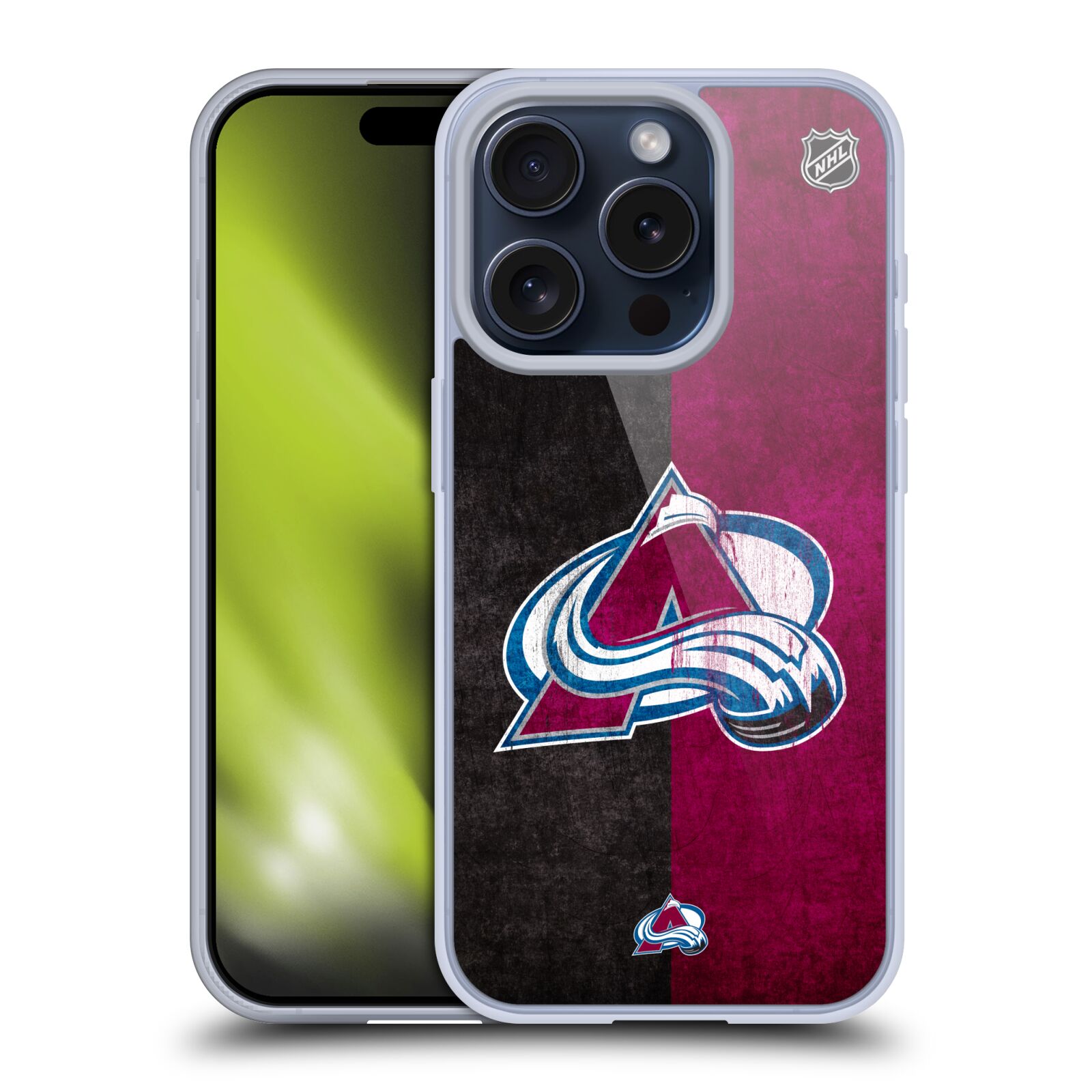 Silikonové lesklé pouzdro na mobil Apple iPhone 15 Pro - NHL - Půlené logo Colorado Avalanche (Silikonový lesklý kryt, obal, pouzdro na mobilní telefon Apple iPhone 15 Pro s licencovaným motivem NHL - Půlené logo Colorado Avalanche)