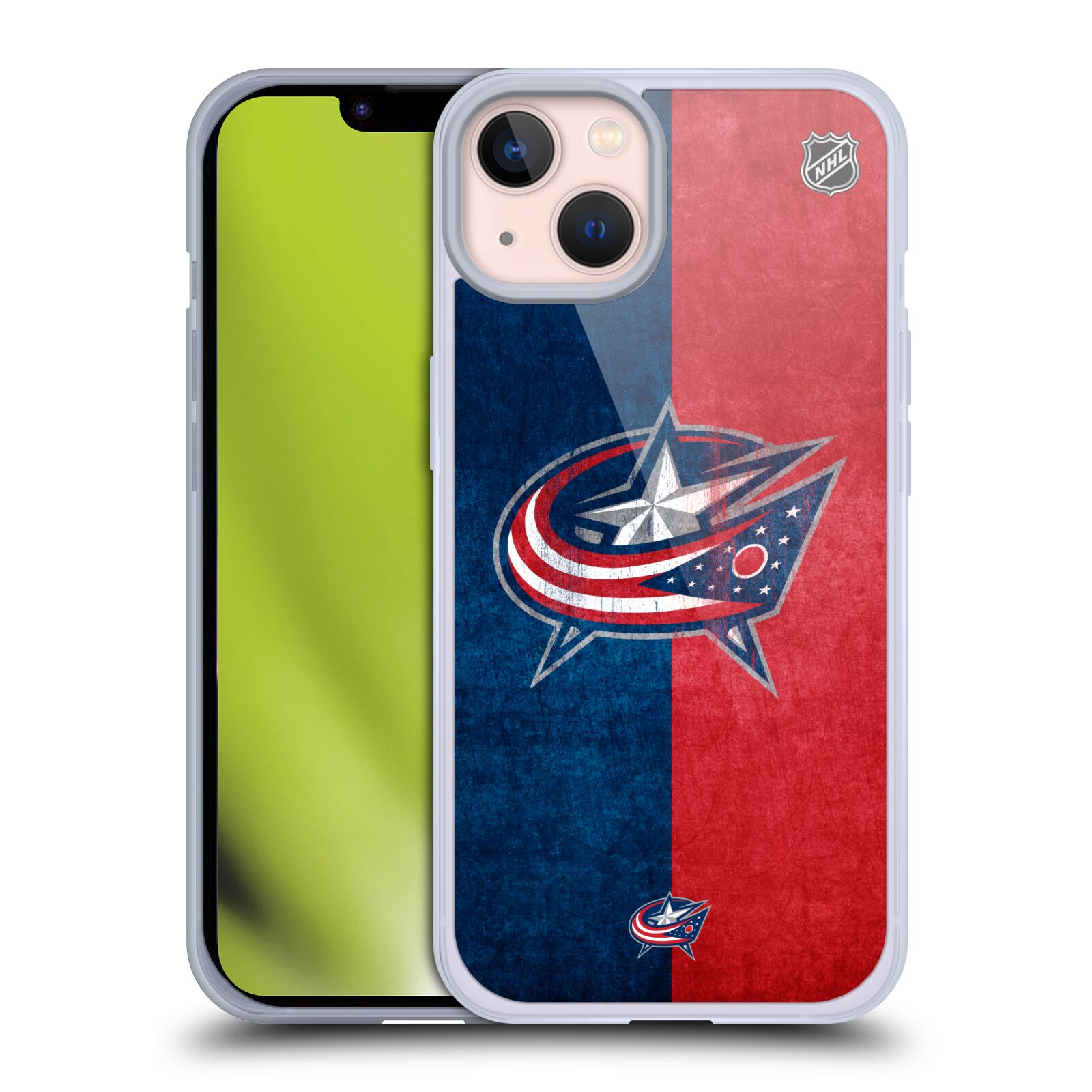 Silikonové pouzdro na mobil Apple iPhone 13 - NHL - Půlené logo Columbus Blue Jackets (Silikonový kryt, obal, pouzdro na mobilní telefon Apple iPhone 13 s licencovaným motivem NHL - Půlené logo Columbus Blue Jackets)