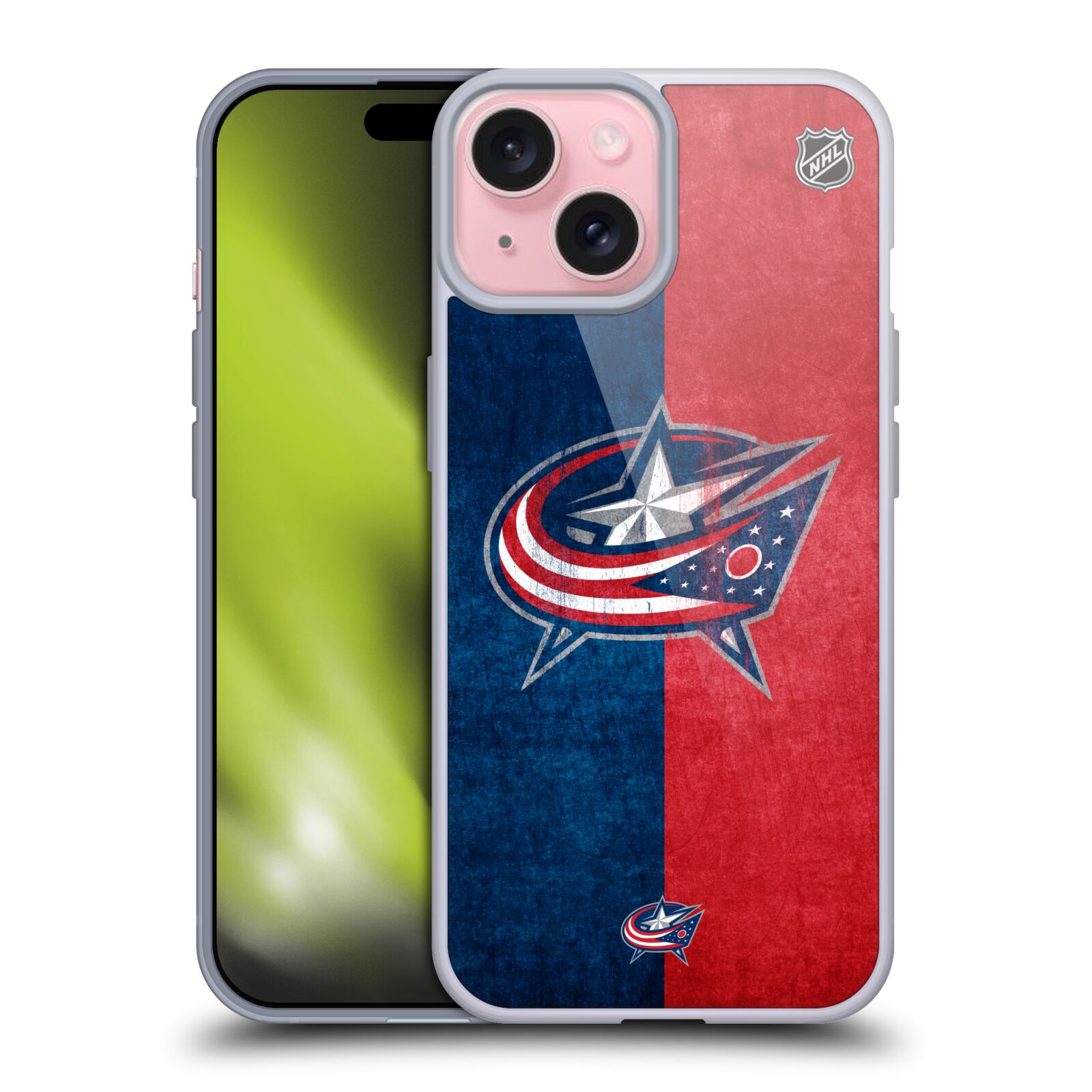Silikonové lesklé pouzdro na mobil Apple iPhone 15 - NHL - Půlené logo Columbus Blue Jackets (Silikonový lesklý kryt, obal, pouzdro na mobilní telefon Apple iPhone 15 s licencovaným motivem NHL - Půlené logo Columbus Blue Jackets)