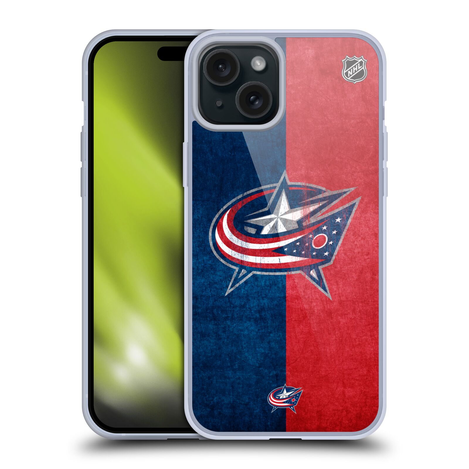 Silikonové lesklé pouzdro na mobil Apple iPhone 15 Plus - NHL - Půlené logo Columbus Blue Jackets (Silikonový lesklý kryt, obal, pouzdro na mobilní telefon Apple iPhone 15 Plus s licencovaným motivem NHL - Půlené logo Columbus Blue Jackets)