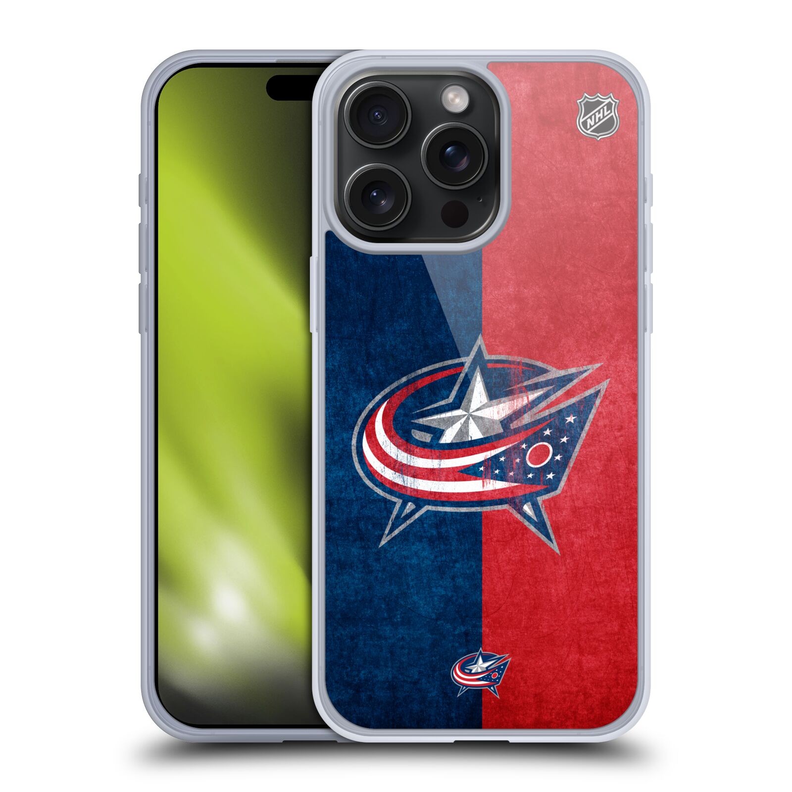 Silikonové lesklé pouzdro na mobil Apple iPhone 15 Pro Max - NHL - Půlené logo Columbus Blue Jackets (Silikonový lesklý kryt, obal, pouzdro na mobilní telefon Apple iPhone 15 Pro Max s licencovaným motivem NHL - Půlené logo Columbus Blue Jackets)