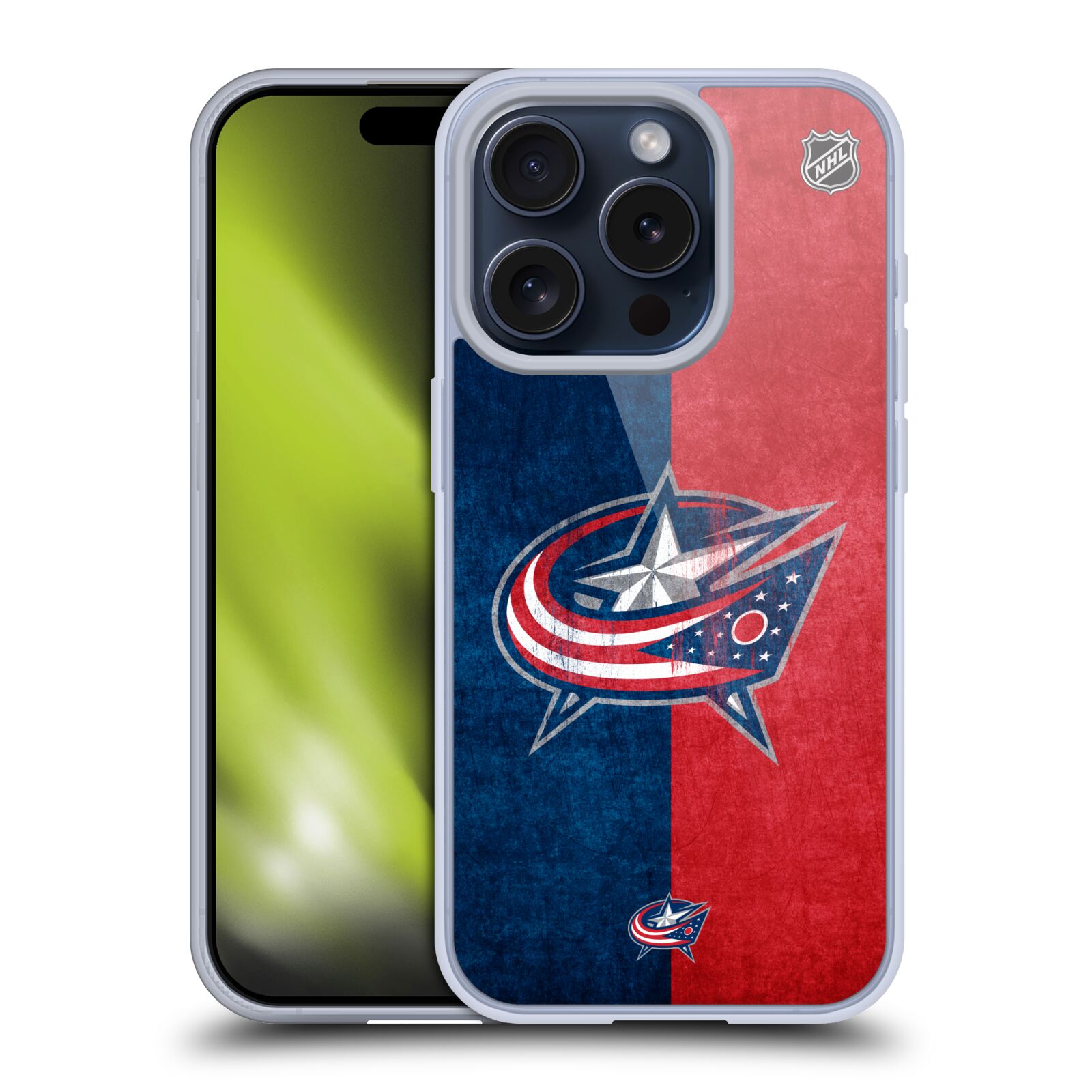 Silikonové lesklé pouzdro na mobil Apple iPhone 15 Pro - NHL - Půlené logo Columbus Blue Jackets (Silikonový lesklý kryt, obal, pouzdro na mobilní telefon Apple iPhone 15 Pro s licencovaným motivem NHL - Půlené logo Columbus Blue Jackets)