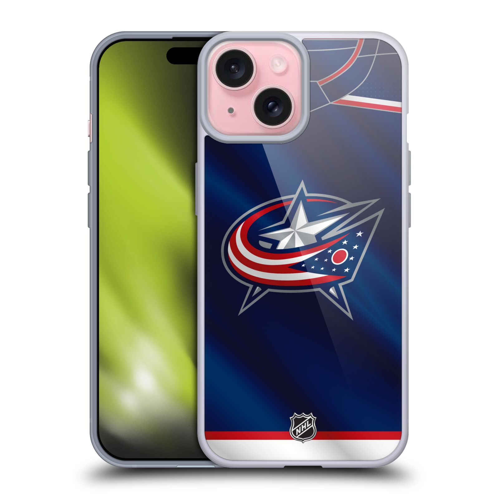 Silikonové lesklé pouzdro na mobil Apple iPhone 15 - NHL - Dres Columbus Blue Jackets (Silikonový lesklý kryt, obal, pouzdro na mobilní telefon Apple iPhone 15 s licencovaným motivem NHL - Dres Columbus Blue Jackets)