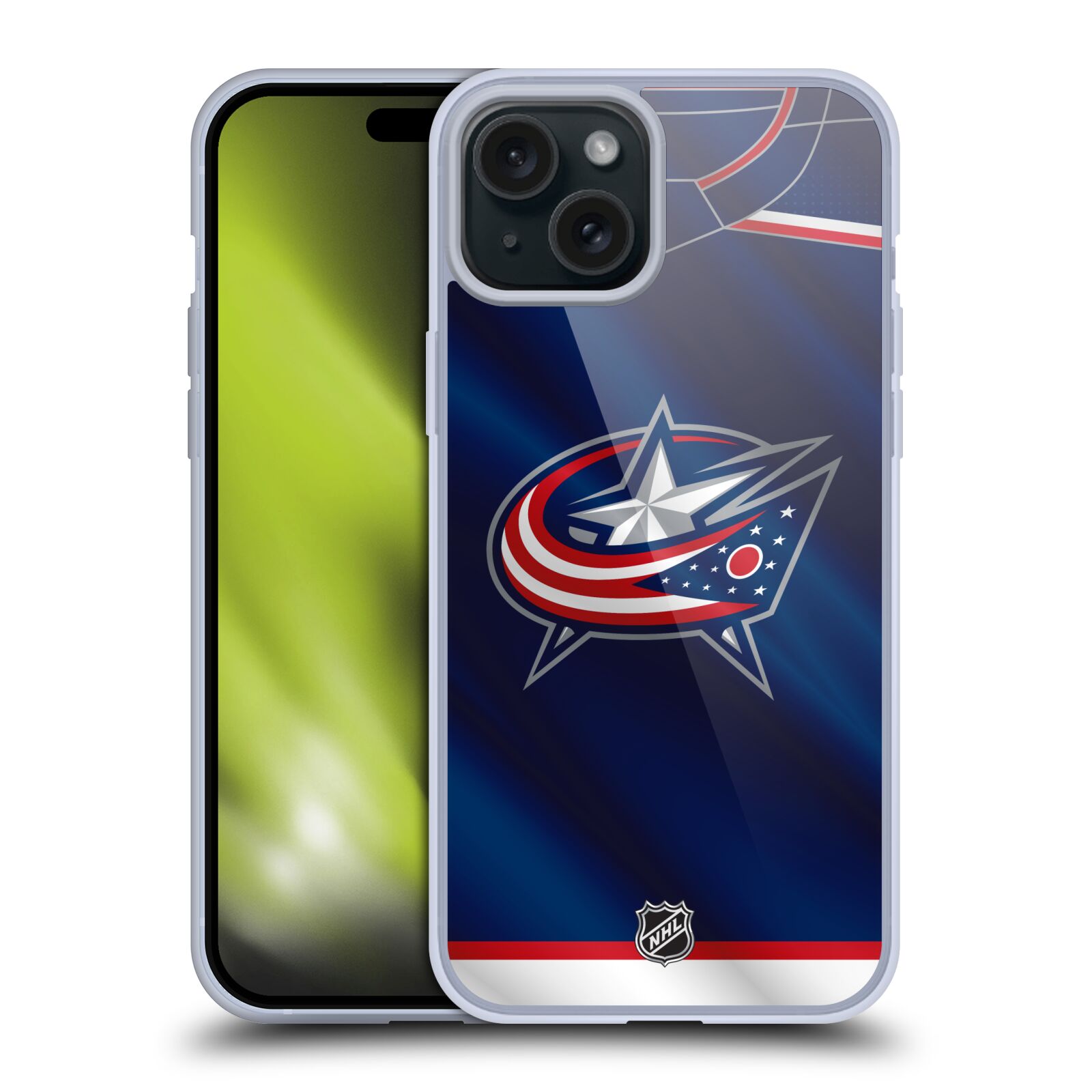 Silikonové lesklé pouzdro na mobil Apple iPhone 15 Plus - NHL - Dres Columbus Blue Jackets (Silikonový lesklý kryt, obal, pouzdro na mobilní telefon Apple iPhone 15 Plus s licencovaným motivem NHL - Dres Columbus Blue Jackets)