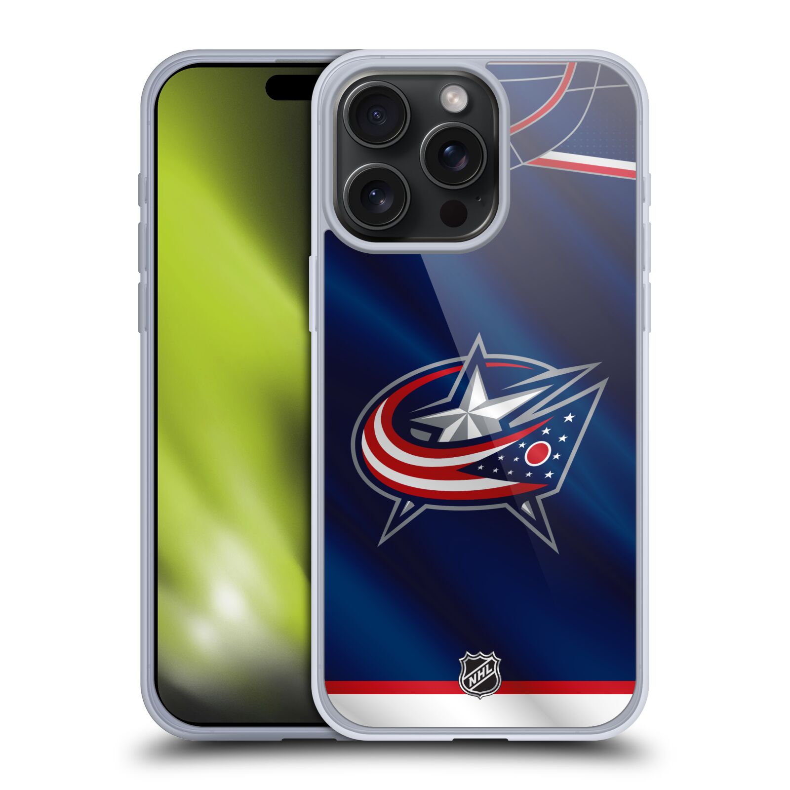 Silikonové lesklé pouzdro na mobil Apple iPhone 15 Pro Max - NHL - Dres Columbus Blue Jackets (Silikonový lesklý kryt, obal, pouzdro na mobilní telefon Apple iPhone 15 Pro Max s licencovaným motivem NHL - Dres Columbus Blue Jackets)