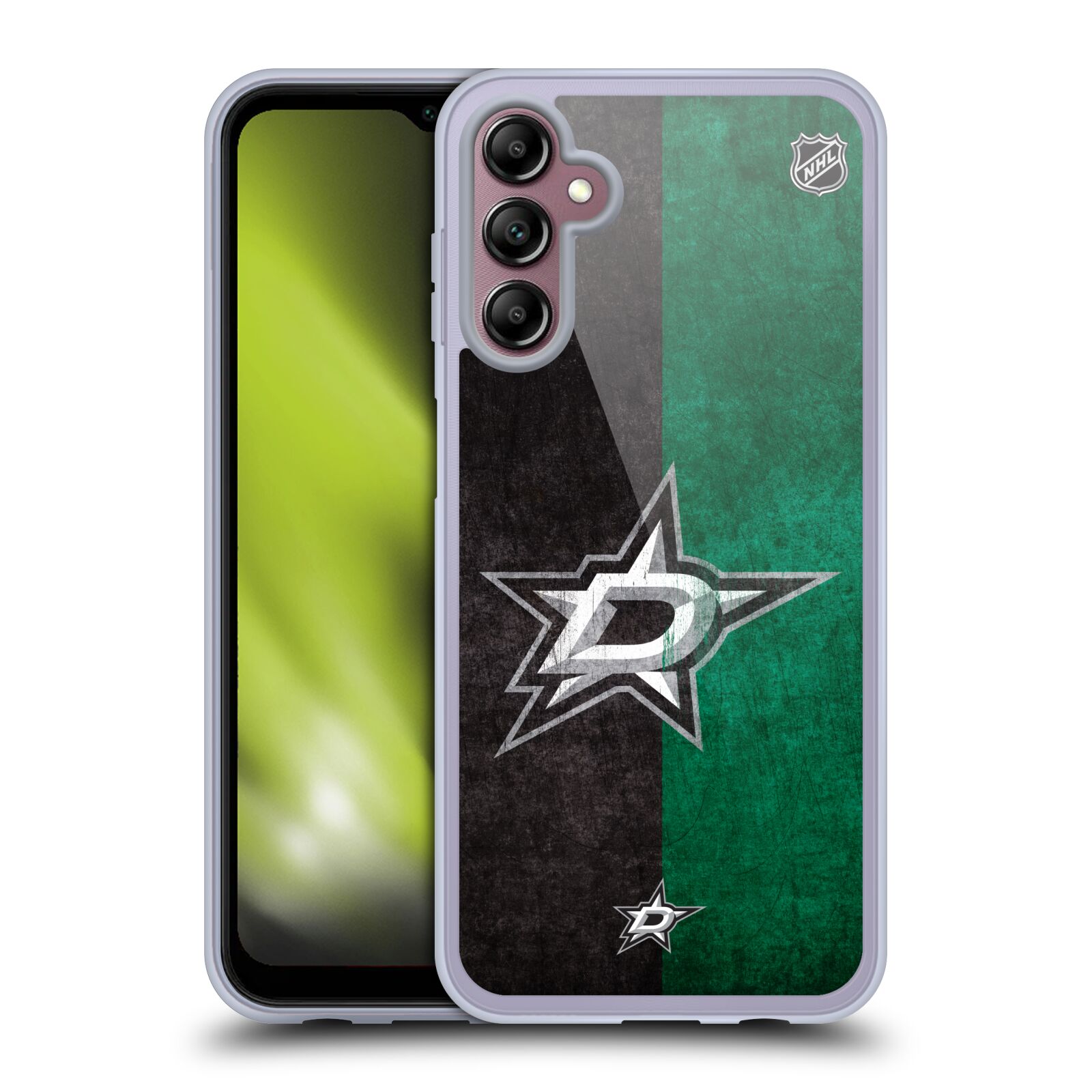 Silikonové pouzdro na mobil Samsung Galaxy A14 5G / LTE - NHL - Půlené logo Dallas Stars (Silikonový kryt, obal, pouzdro na mobilní telefon Samsung Galaxy A14 5G / LTE s licencovaným motivem NHL - Půlené logo Dallas Stars)