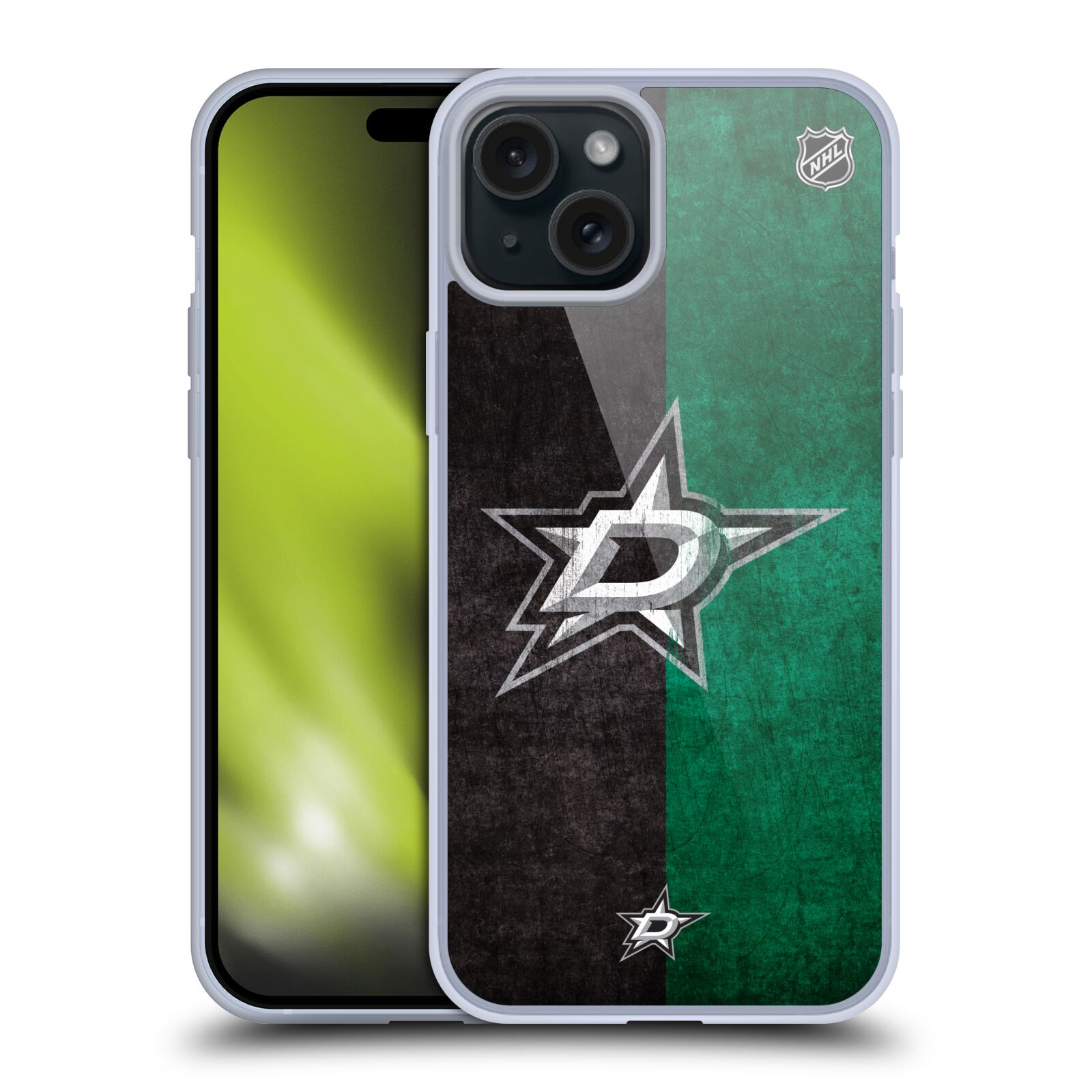 Silikonové lesklé pouzdro na mobil Apple iPhone 15 Plus - NHL - Půlené logo Dallas Stars (Silikonový lesklý kryt, obal, pouzdro na mobilní telefon Apple iPhone 15 Plus s licencovaným motivem NHL - Půlené logo Dallas Stars)