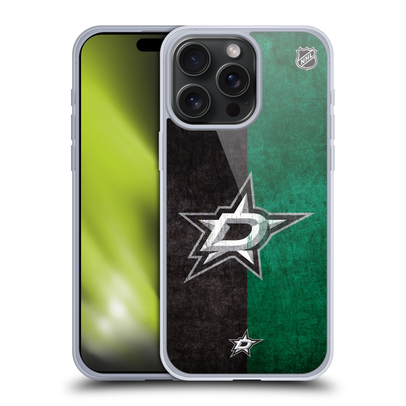 Silikonové lesklé pouzdro na mobil Apple iPhone 15 Pro Max - NHL - Půlené logo Dallas Stars (Silikonový lesklý kryt, obal, pouzdro na mobilní telefon Apple iPhone 15 Pro Max s licencovaným motivem NHL - Půlené logo Dallas Stars)