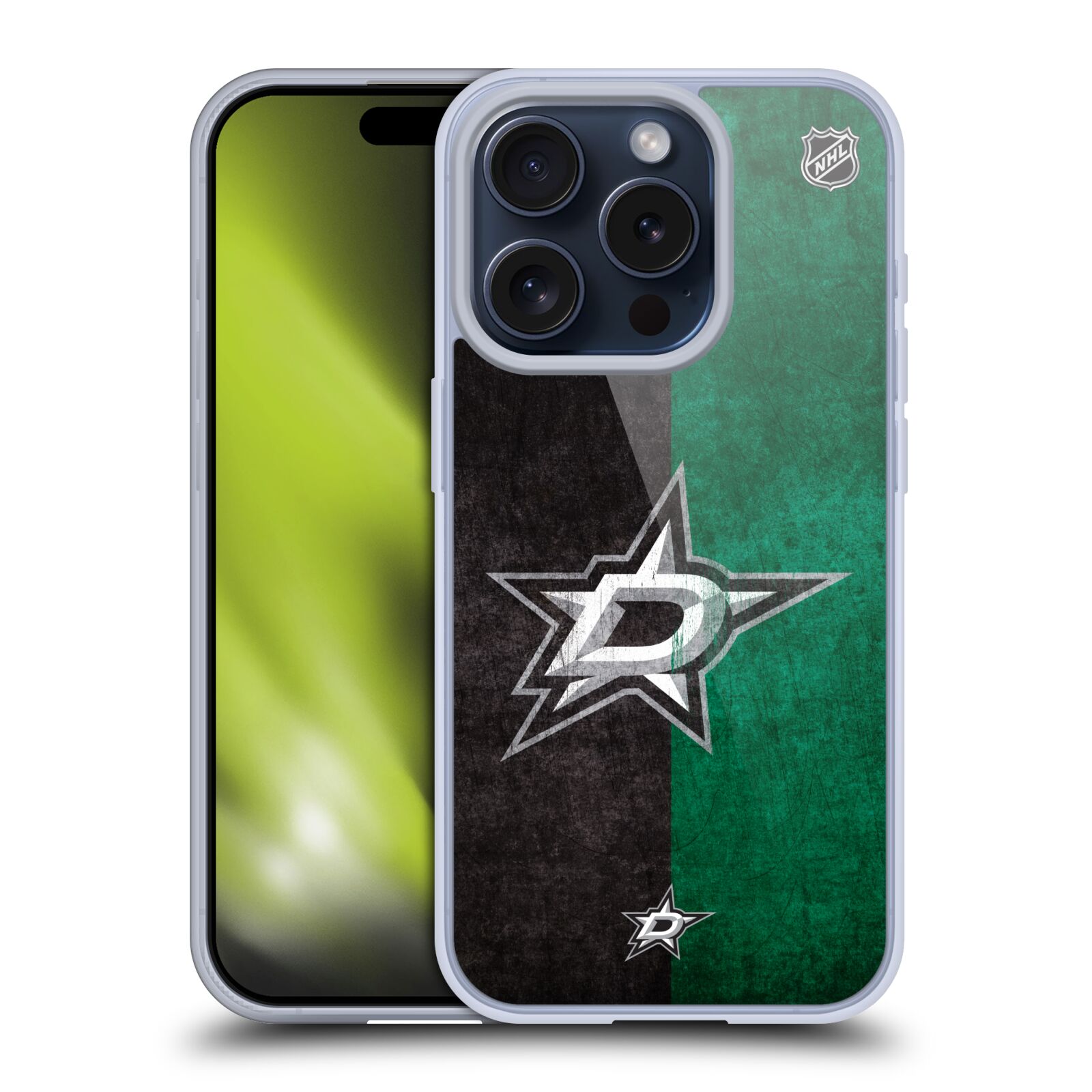 Silikonové lesklé pouzdro na mobil Apple iPhone 15 Pro - NHL - Půlené logo Dallas Stars (Silikonový lesklý kryt, obal, pouzdro na mobilní telefon Apple iPhone 15 Pro s licencovaným motivem NHL - Půlené logo Dallas Stars)