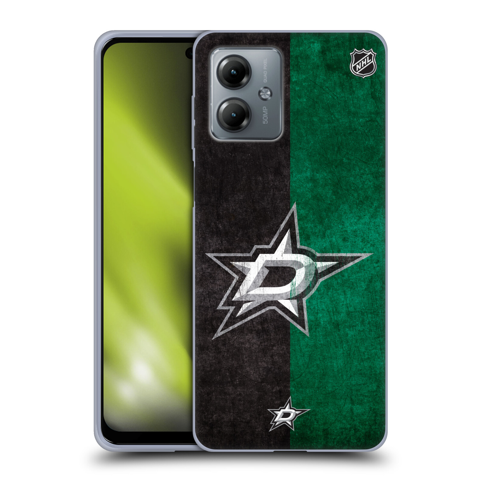 Silikonové pouzdro na mobil Motorola Moto G14 - NHL - Půlené logo Dallas Stars (Silikonový kryt, obal, pouzdro na mobilní telefon Motorola Moto G14 s licencovaným motivem NHL - Půlené logo Dallas Stars)