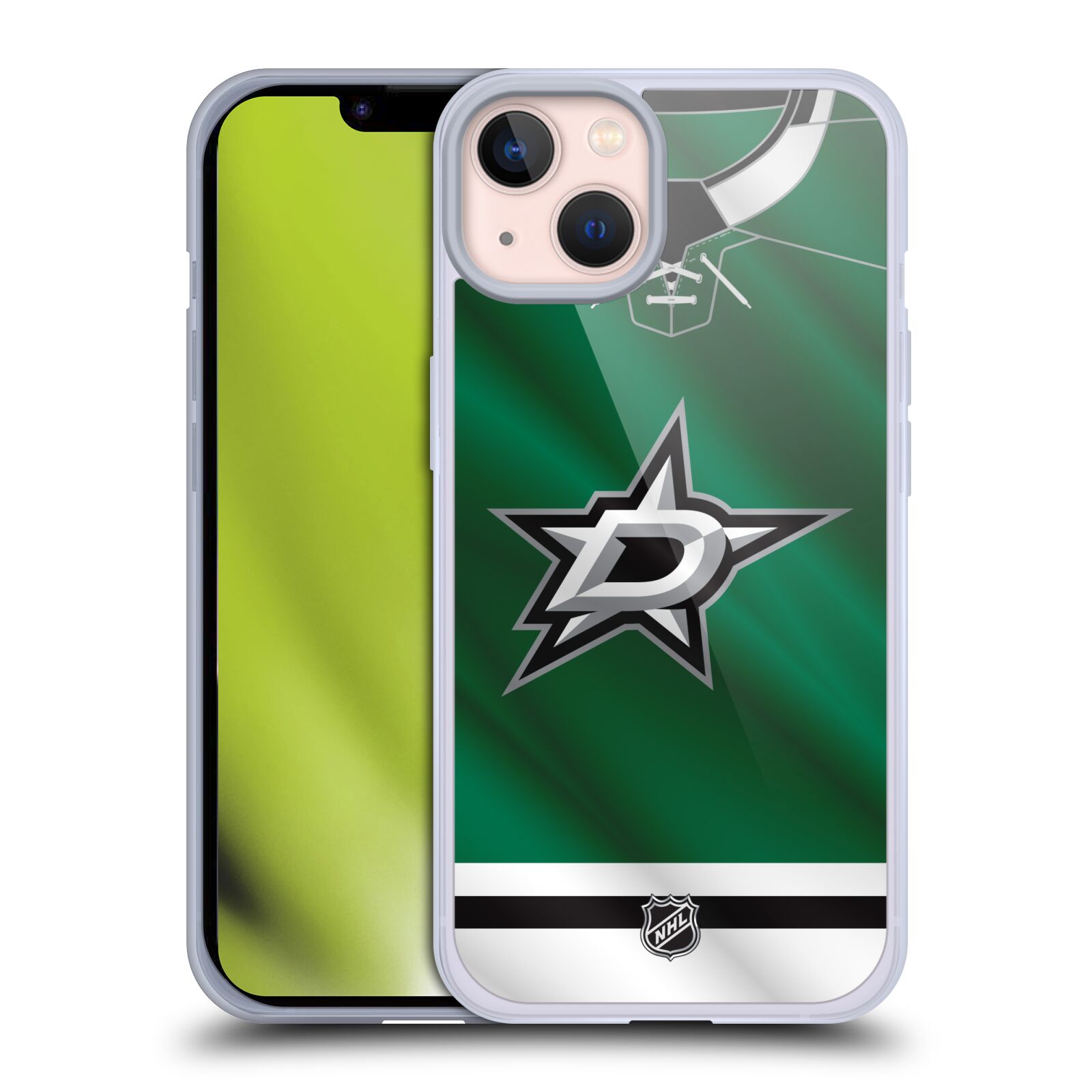 Silikonové pouzdro na mobil Apple iPhone 13 - NHL - Dres Dallas Stars (Silikonový kryt, obal, pouzdro na mobilní telefon Apple iPhone 13 s licencovaným motivem NHL - Dres Dallas Stars)