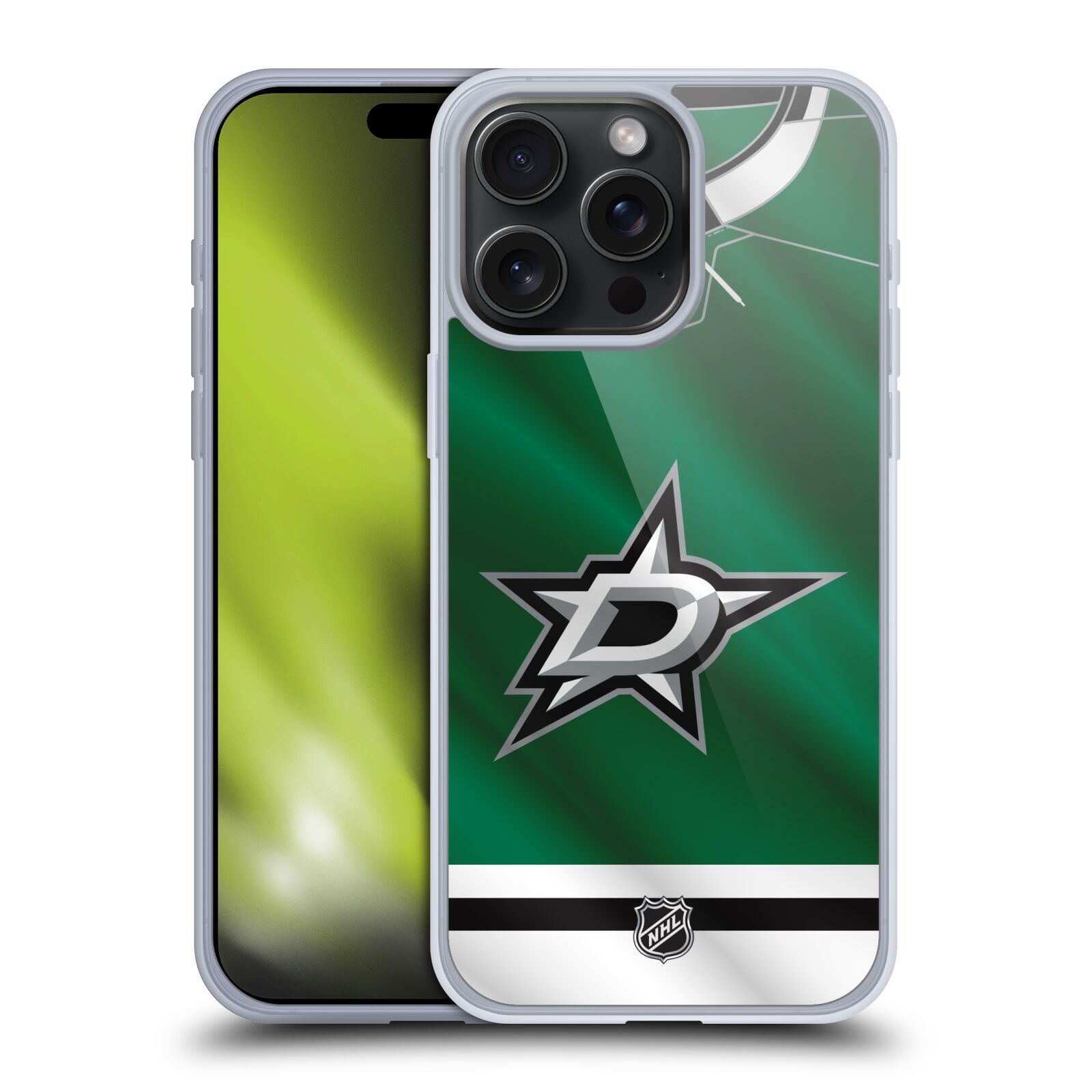 Silikonové lesklé pouzdro na mobil Apple iPhone 15 Pro Max - NHL - Dres Dallas Stars (Silikonový lesklý kryt, obal, pouzdro na mobilní telefon Apple iPhone 15 Pro Max s licencovaným motivem NHL - Dres Dallas Stars)