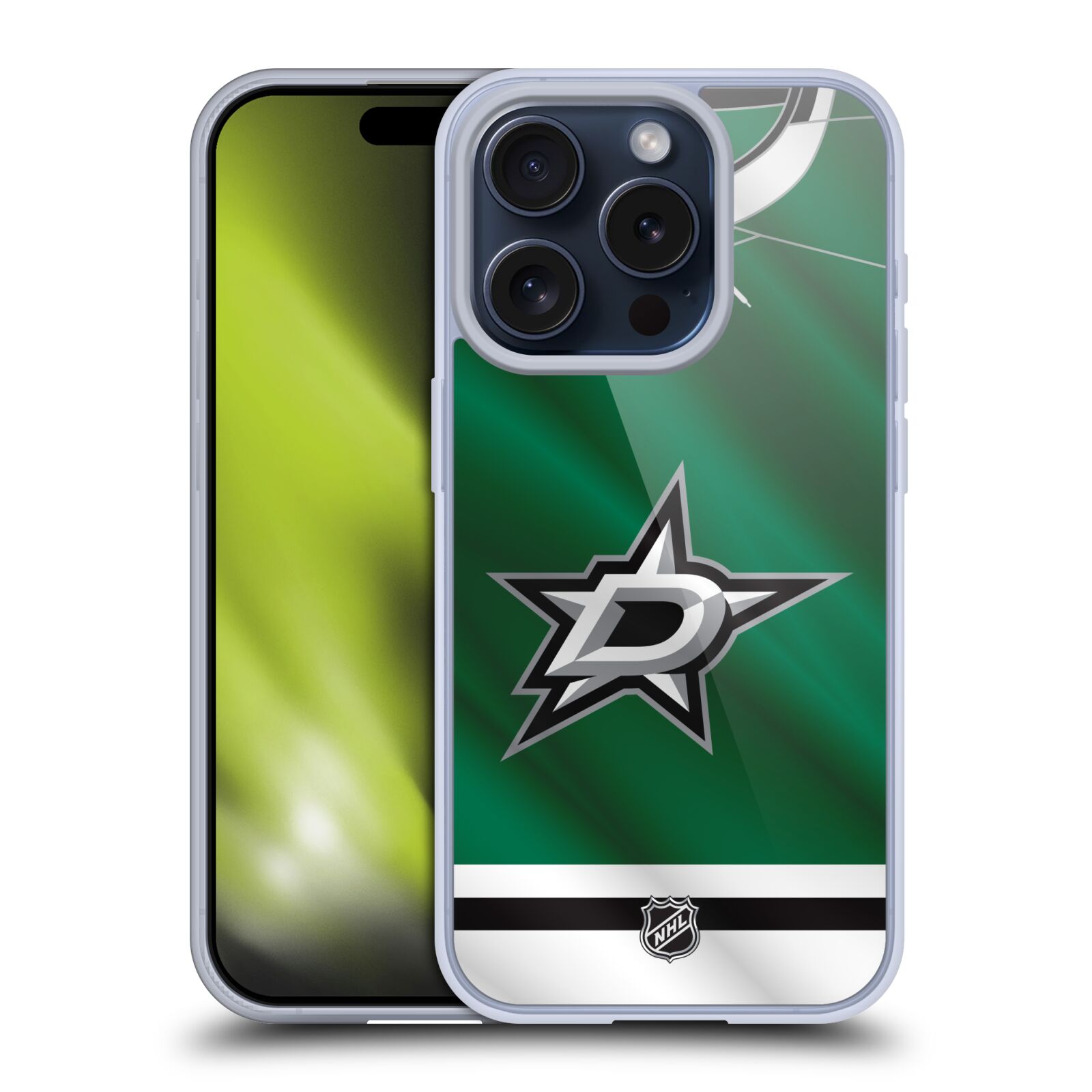 Silikonové lesklé pouzdro na mobil Apple iPhone 15 Pro - NHL - Dres Dallas Stars (Silikonový lesklý kryt, obal, pouzdro na mobilní telefon Apple iPhone 15 Pro s licencovaným motivem NHL - Dres Dallas Stars)