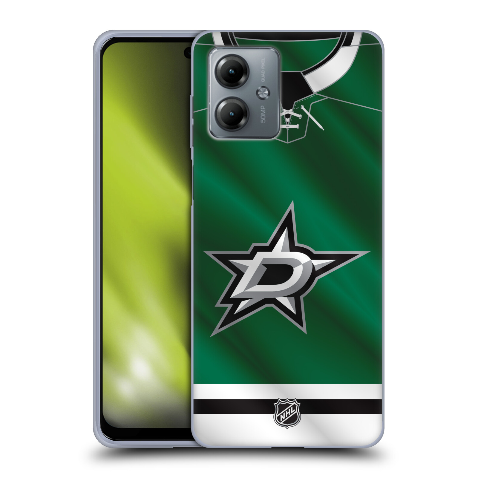 Silikonové pouzdro na mobil Motorola Moto G14 - NHL - Dres Dallas Stars (Silikonový kryt, obal, pouzdro na mobilní telefon Motorola Moto G14 s licencovaným motivem NHL - Dres Dallas Stars)