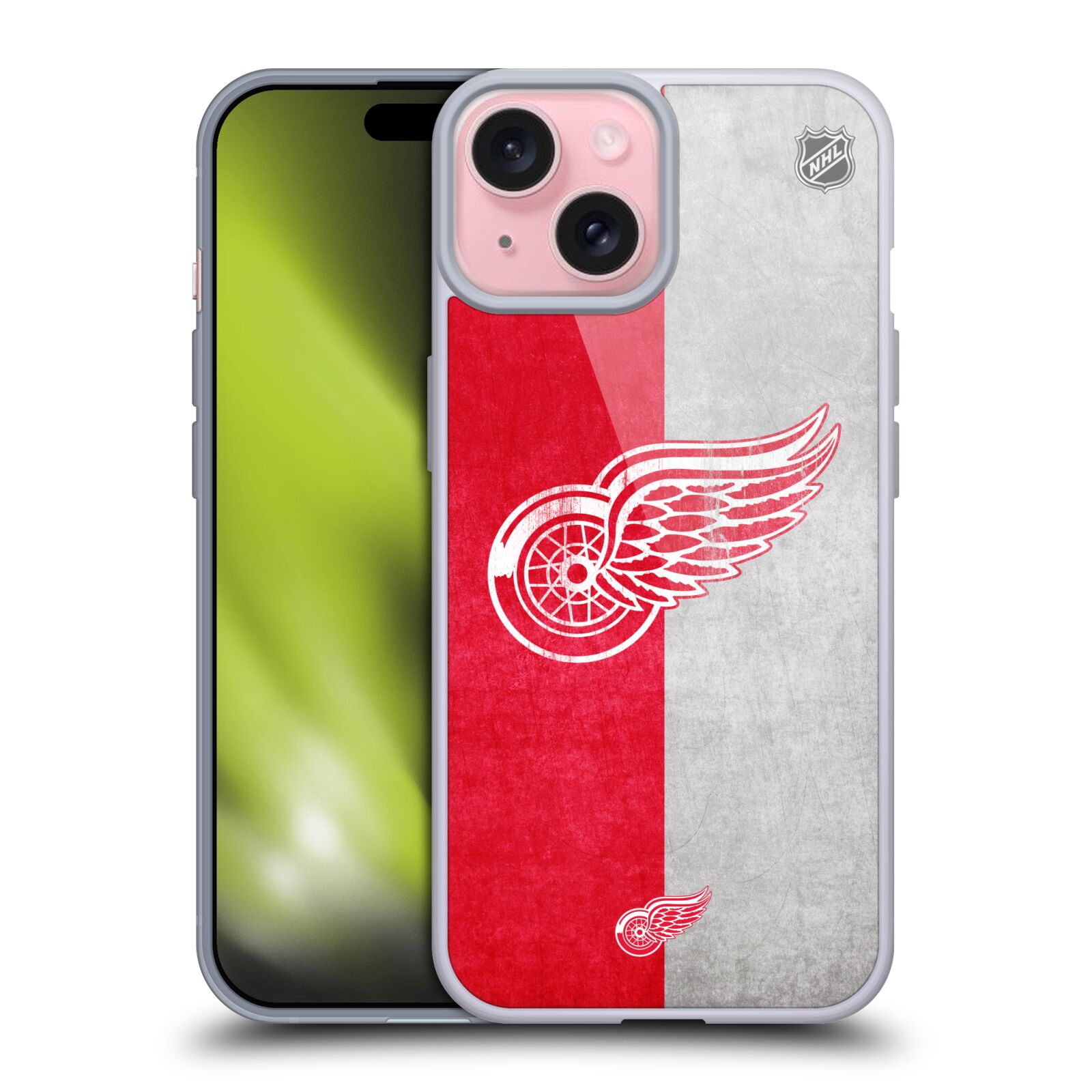 Silikonové lesklé pouzdro na mobil Apple iPhone 15 - NHL - Půlené logo Detroit Red Wings (Silikonový lesklý kryt, obal, pouzdro na mobilní telefon Apple iPhone 15 s licencovaným motivem NHL - Půlené logo Detroit Red Wings)