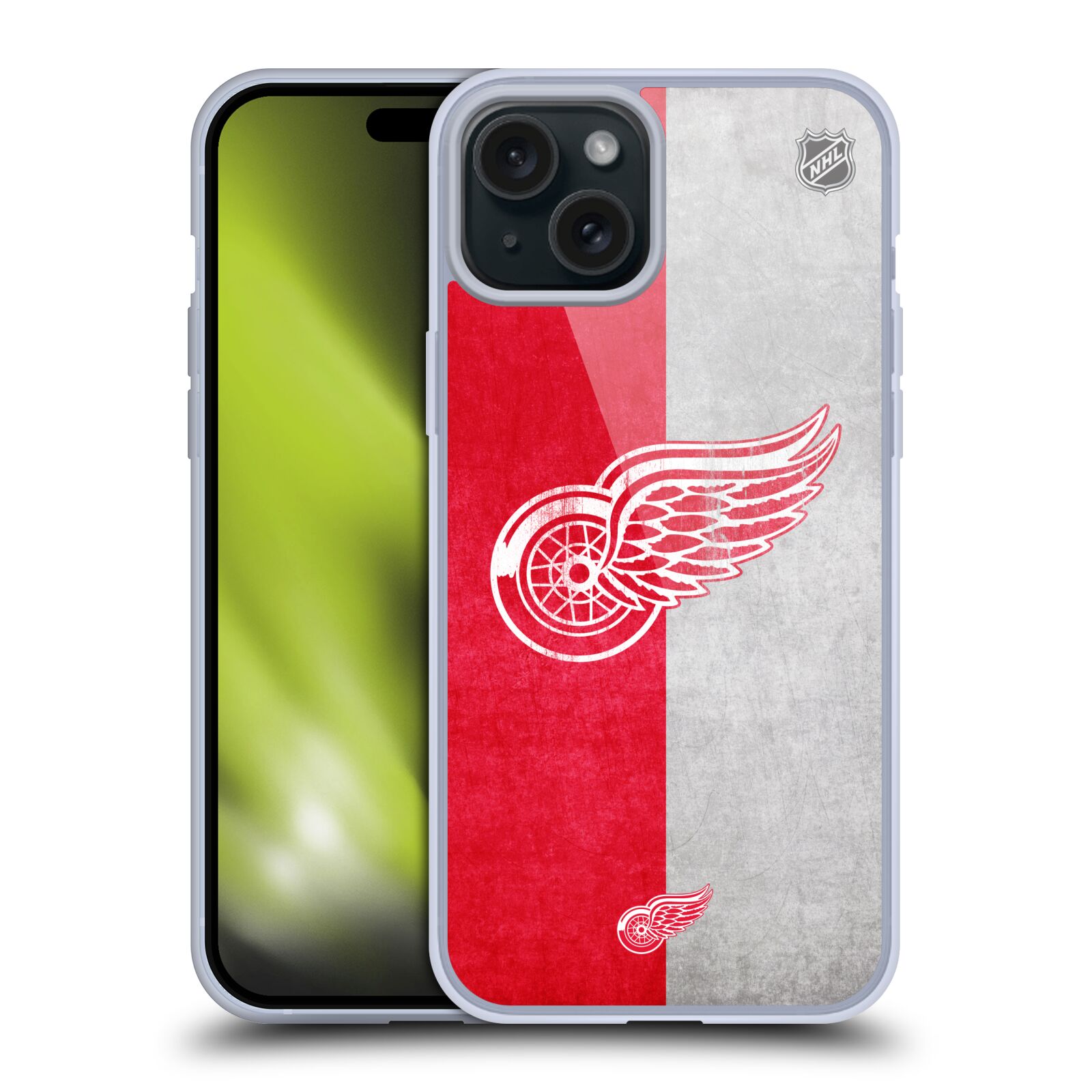 Silikonové lesklé pouzdro na mobil Apple iPhone 15 Plus - NHL - Půlené logo Detroit Red Wings (Silikonový lesklý kryt, obal, pouzdro na mobilní telefon Apple iPhone 15 Plus s licencovaným motivem NHL - Půlené logo Detroit Red Wings)