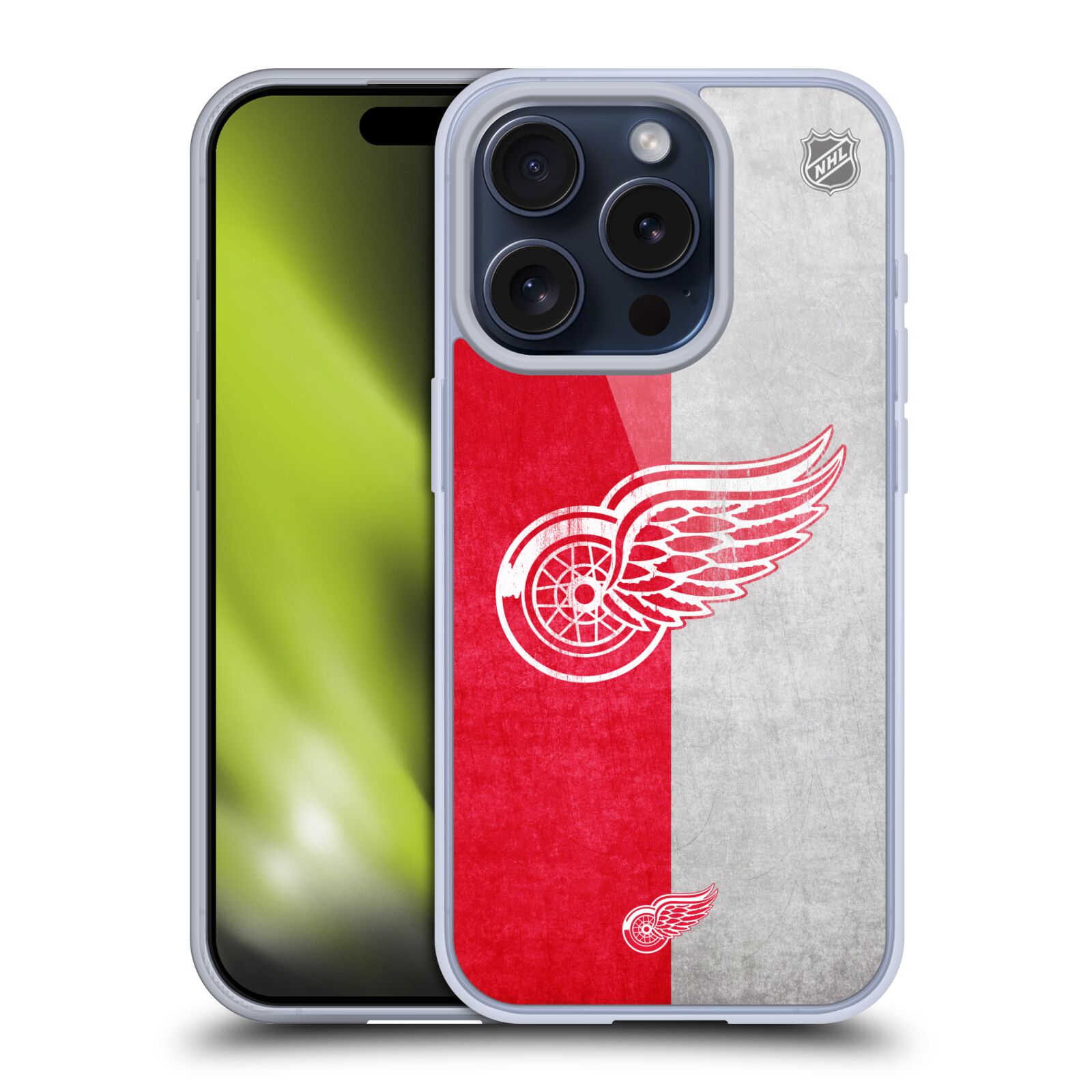Silikonové lesklé pouzdro na mobil Apple iPhone 15 Pro - NHL - Půlené logo Detroit Red Wings (Silikonový lesklý kryt, obal, pouzdro na mobilní telefon Apple iPhone 15 Pro s licencovaným motivem NHL - Půlené logo Detroit Red Wings)