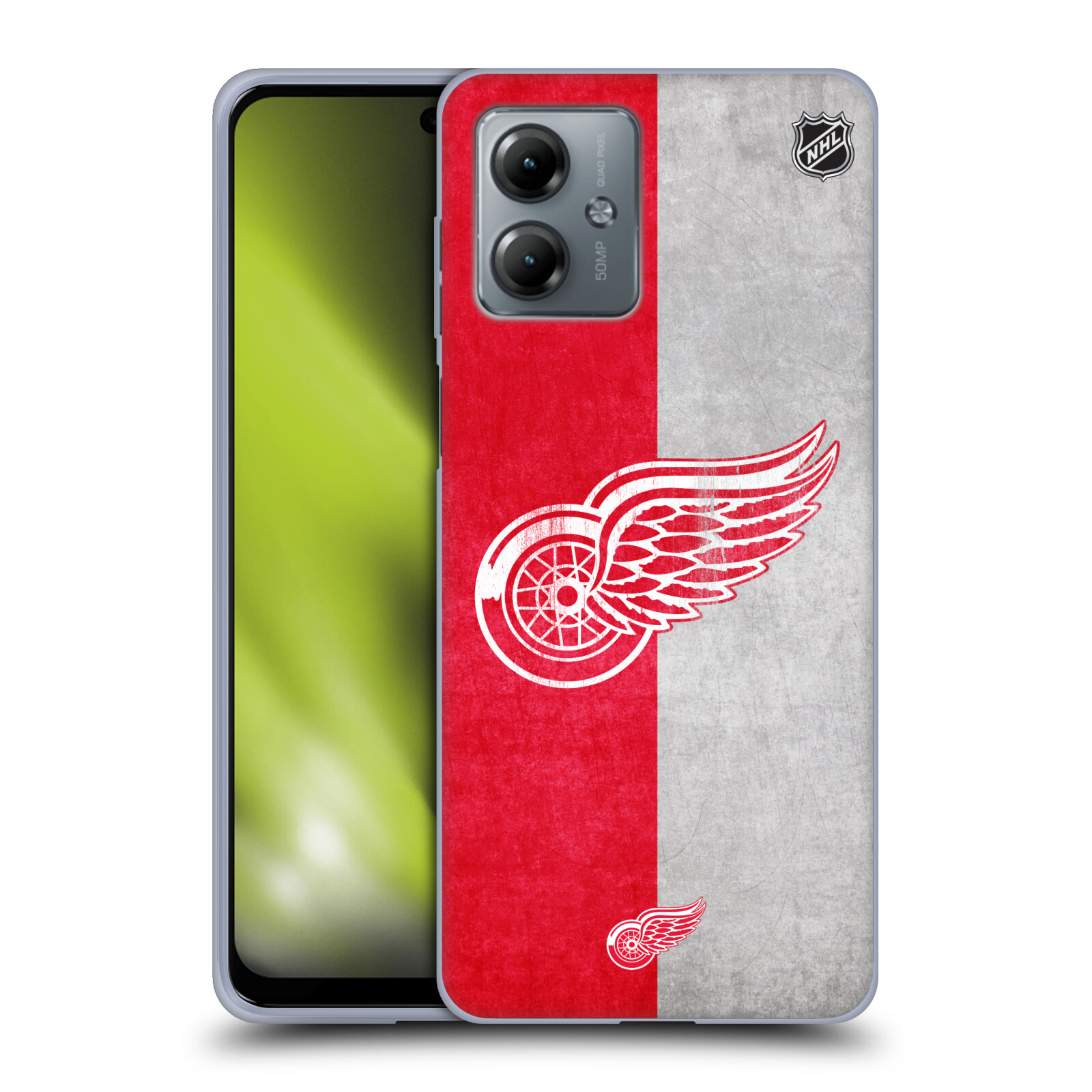 Silikonové pouzdro na mobil Motorola Moto G14 - NHL - Půlené logo Detroit Red Wings (Silikonový kryt, obal, pouzdro na mobilní telefon Motorola Moto G14 s licencovaným motivem NHL - Půlené logo Detroit Red Wings)