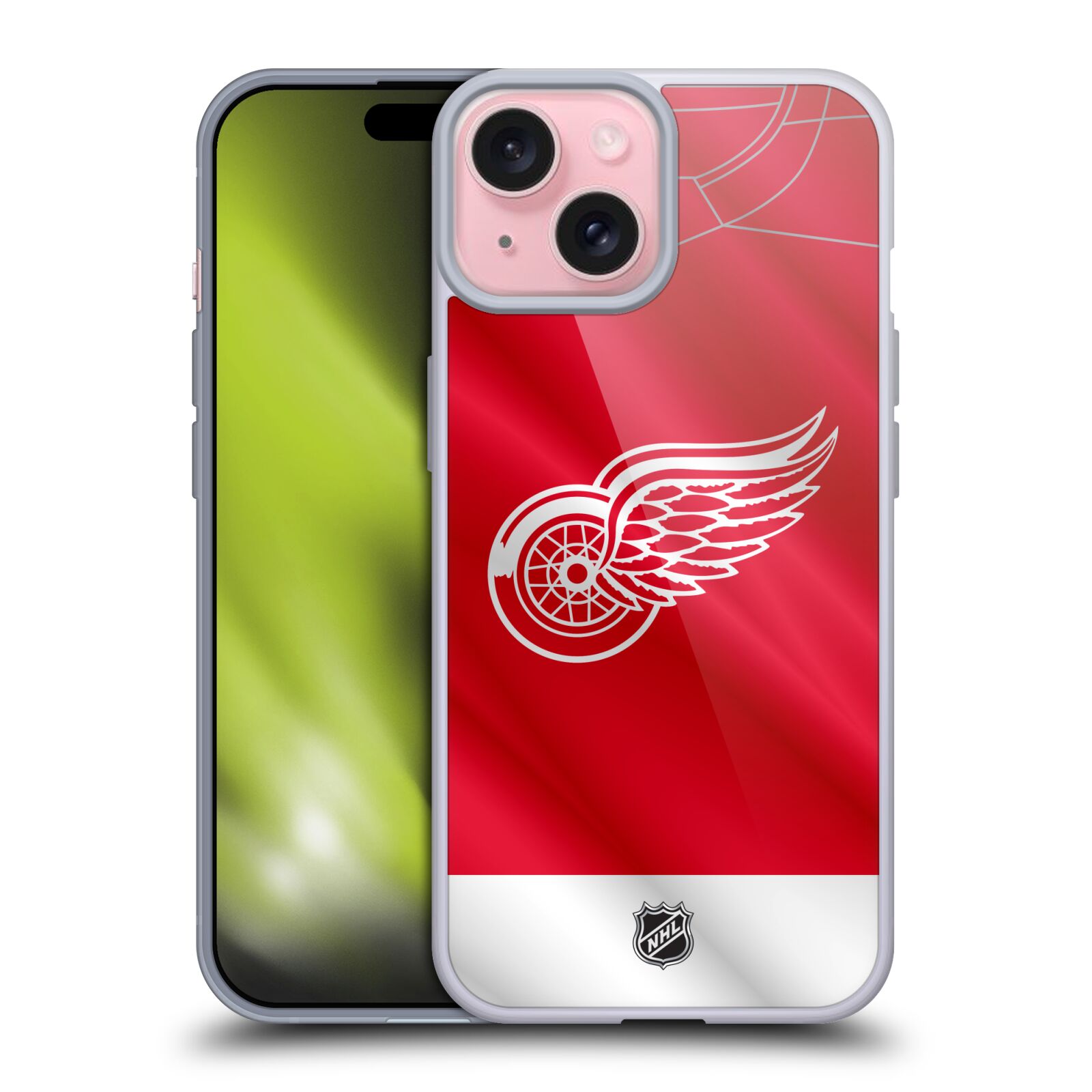 Silikonové lesklé pouzdro na mobil Apple iPhone 15 - NHL - Dres Detroit Red Wings (Silikonový lesklý kryt, obal, pouzdro na mobilní telefon Apple iPhone 15 s licencovaným motivem NHL - Dres Detroit Red Wings)