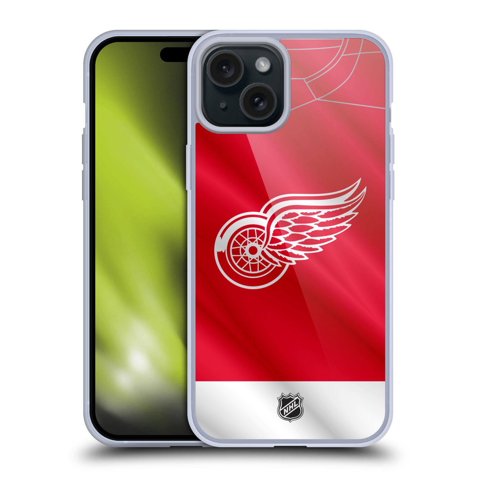 Silikonové lesklé pouzdro na mobil Apple iPhone 15 Plus - NHL - Dres Detroit Red Wings (Silikonový lesklý kryt, obal, pouzdro na mobilní telefon Apple iPhone 15 Plus s licencovaným motivem NHL - Dres Detroit Red Wings)