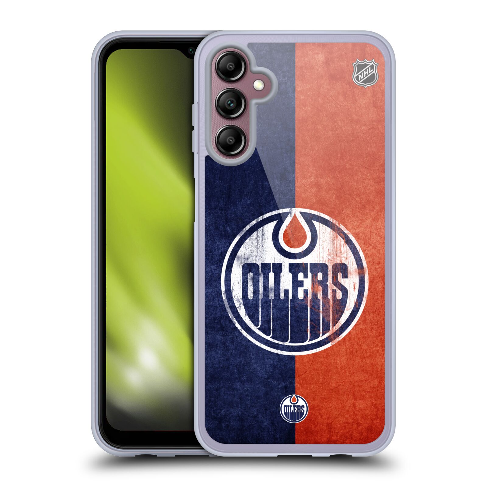 Silikonové pouzdro na mobil Samsung Galaxy A14 5G / LTE - NHL - Půlené logo Edmonton Oilers (Silikonový kryt, obal, pouzdro na mobilní telefon Samsung Galaxy A14 5G / LTE s licencovaným motivem NHL - Půlené logo Edmonton Oilers)