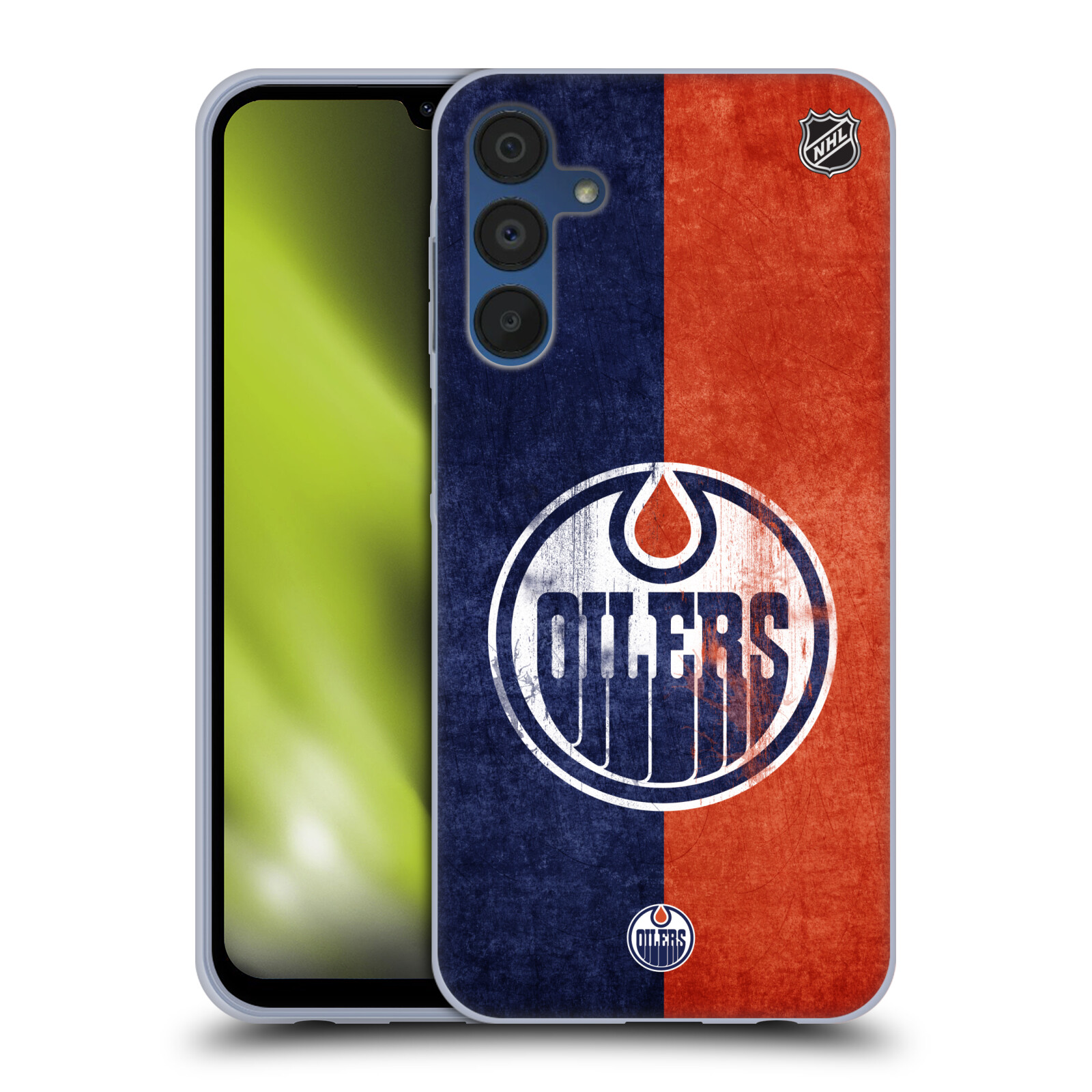 Silikonové pouzdro na mobil Samsung Galaxy A15 / A15 5G - NHL - Půlené logo Edmonton Oilers (Silikonový kryt, obal, pouzdro na mobilní telefon Samsung Galaxy A15 / A15 5G s licencovaným motivem NHL - Půlené logo Edmonton Oilers)