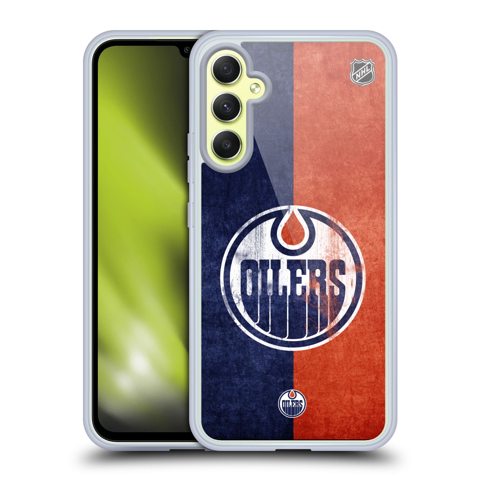 Silikonové pouzdro na mobil Samsung Galaxy A34 5G - NHL - Půlené logo Edmonton Oilers (Silikonový kryt, obal, pouzdro na mobilní telefon Samsung Galaxy A34 5G s licencovaným motivem NHL - Půlené logo Edmonton Oilers)