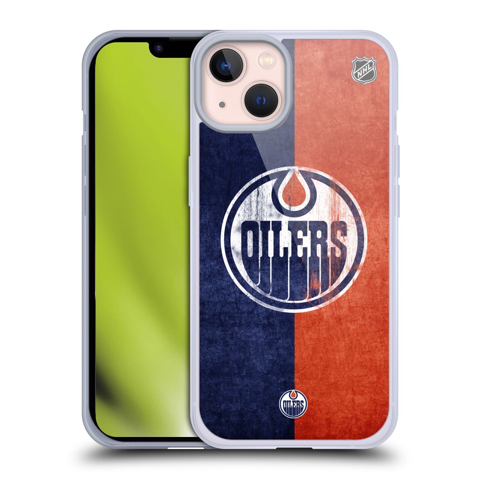 Silikonové pouzdro na mobil Apple iPhone 13 - NHL - Půlené logo Edmonton Oilers (Silikonový kryt, obal, pouzdro na mobilní telefon Apple iPhone 13 s licencovaným motivem NHL - Půlené logo Edmonton Oilers)