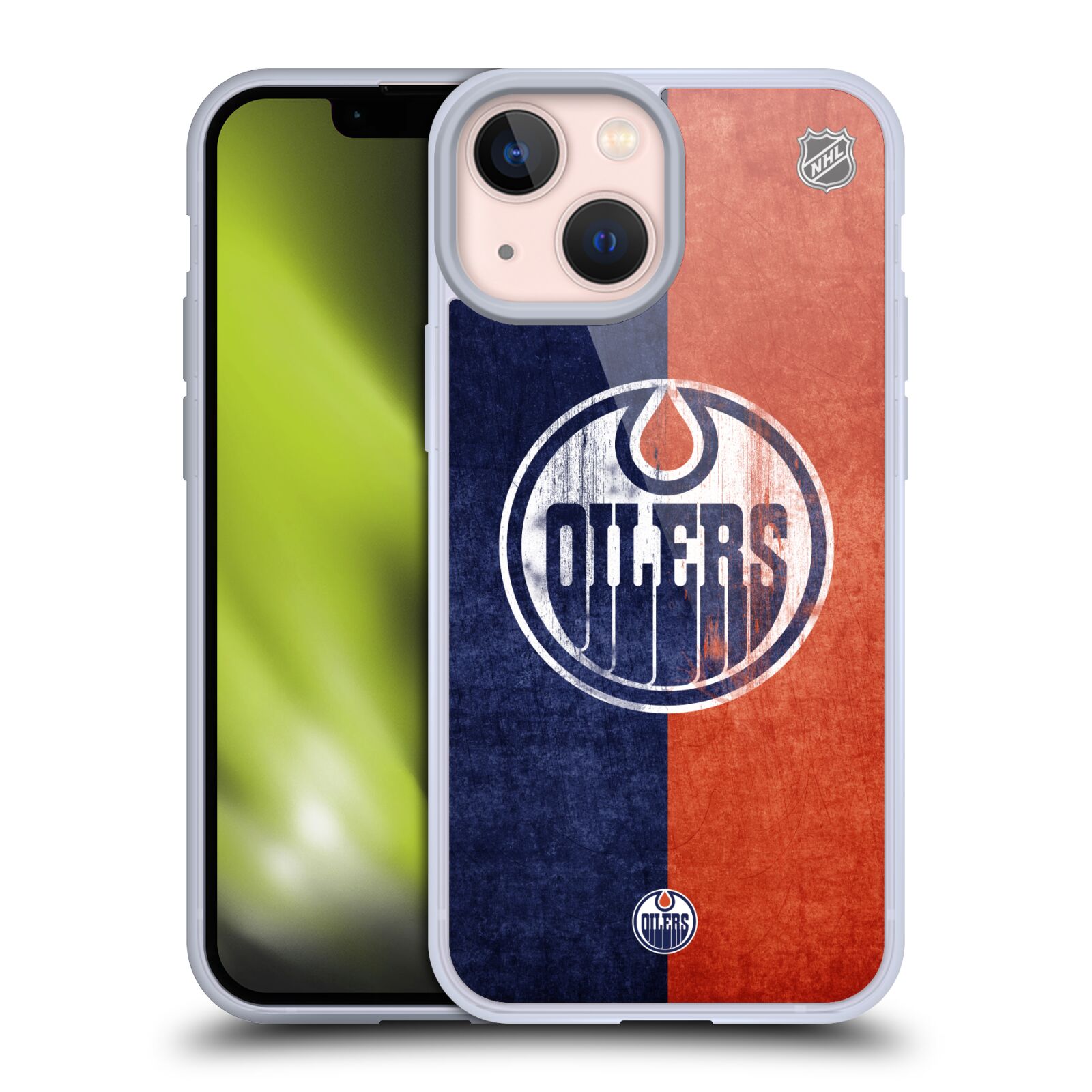 Silikonové pouzdro na mobil Apple iPhone 13 Mini - NHL - Půlené logo Edmonton Oilers (Silikonový kryt, obal, pouzdro na mobilní telefon Apple iPhone 13 Mini s licencovaným motivem NHL - Půlené logo Edmonton Oilers)