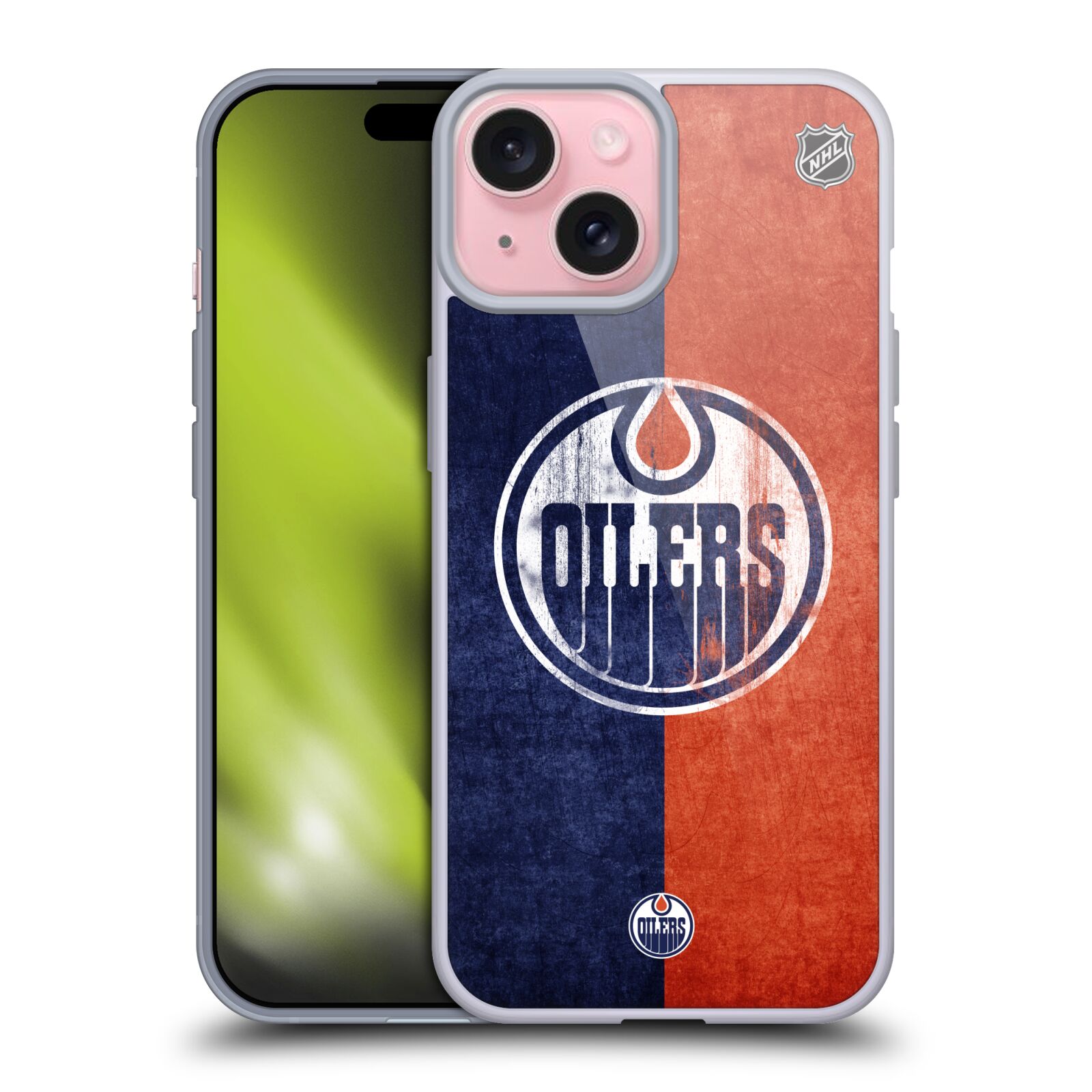 Silikonové lesklé pouzdro na mobil Apple iPhone 15 - NHL - Půlené logo Edmonton Oilers (Silikonový lesklý kryt, obal, pouzdro na mobilní telefon Apple iPhone 15 s licencovaným motivem NHL - Půlené logo Edmonton Oilers)