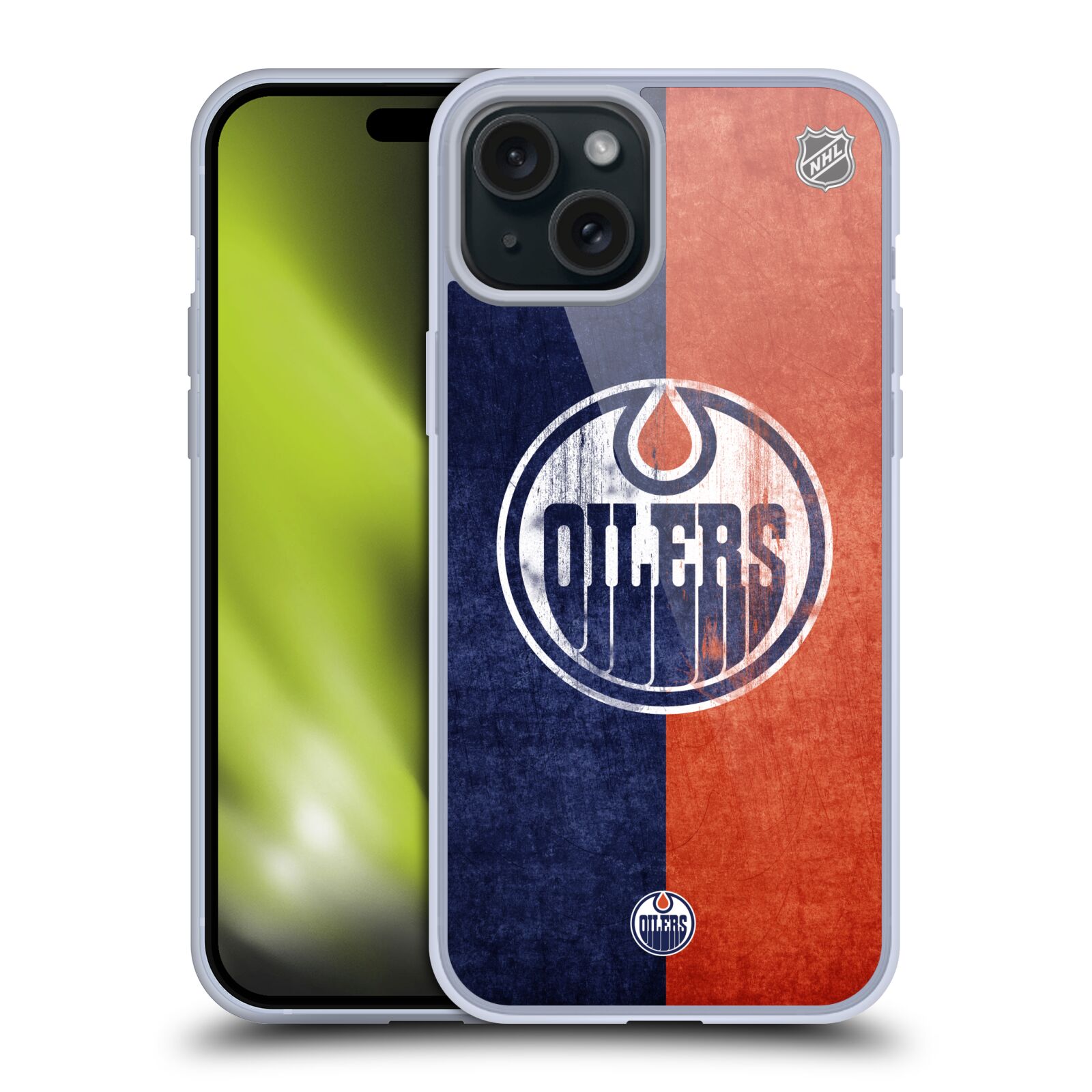 Silikonové lesklé pouzdro na mobil Apple iPhone 15 Plus - NHL - Půlené logo Edmonton Oilers (Silikonový lesklý kryt, obal, pouzdro na mobilní telefon Apple iPhone 15 Plus s licencovaným motivem NHL - Půlené logo Edmonton Oilers)