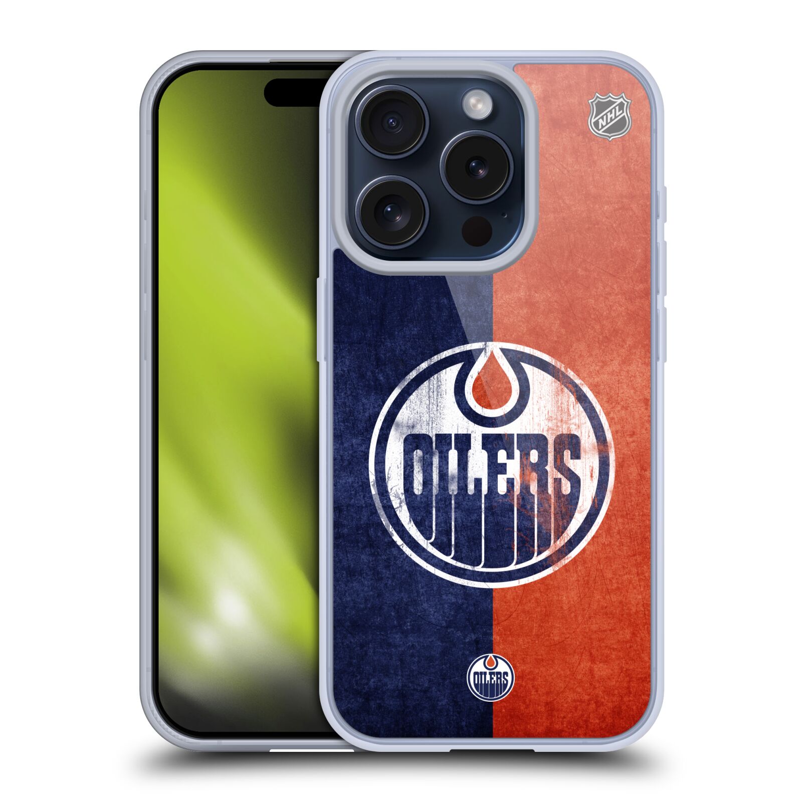 Silikonové lesklé pouzdro na mobil Apple iPhone 15 Pro - NHL - Půlené logo Edmonton Oilers (Silikonový lesklý kryt, obal, pouzdro na mobilní telefon Apple iPhone 15 Pro s licencovaným motivem NHL - Půlené logo Edmonton Oilers)
