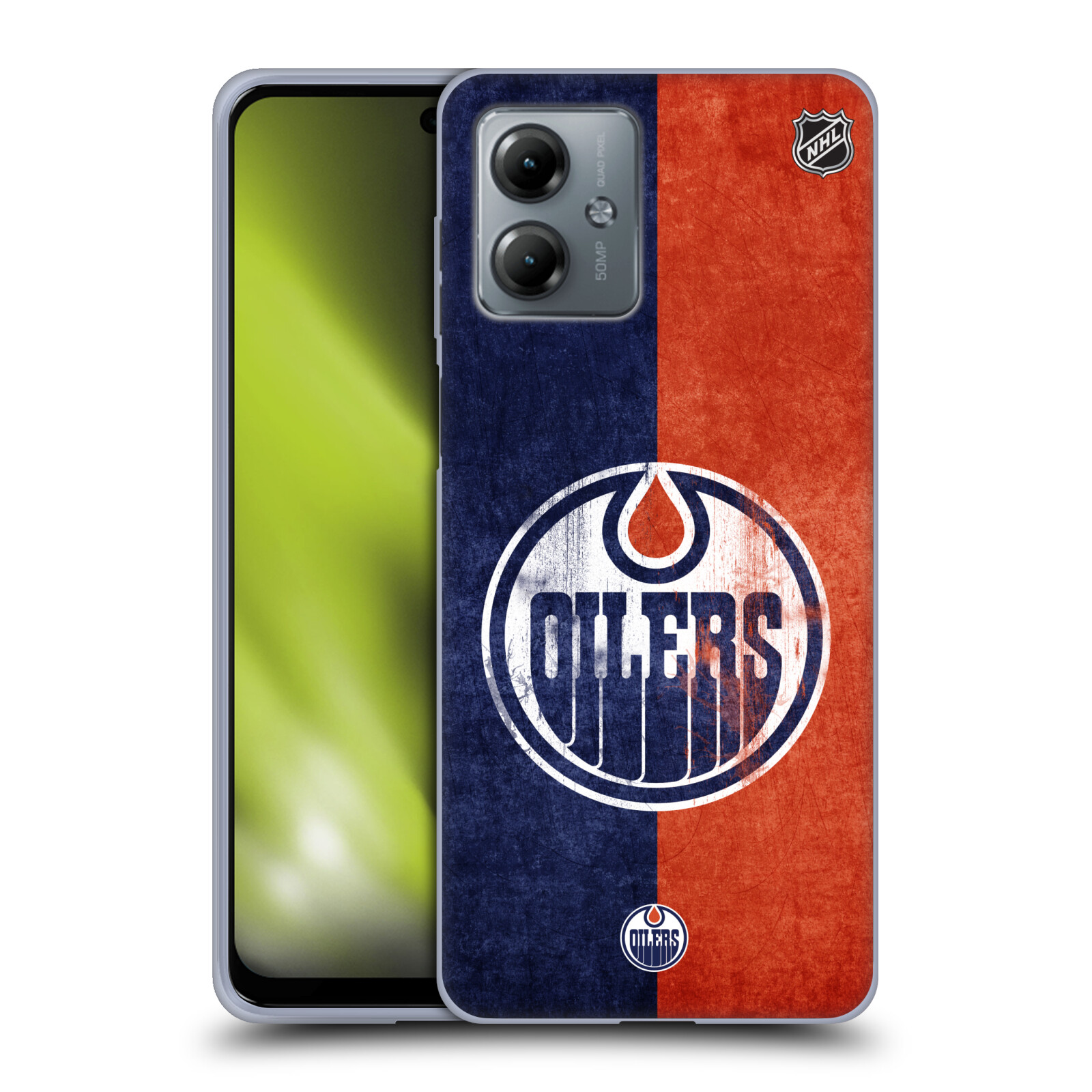Silikonové pouzdro na mobil Motorola Moto G14 - NHL - Půlené logo Edmonton Oilers (Silikonový kryt, obal, pouzdro na mobilní telefon Motorola Moto G14 s licencovaným motivem NHL - Půlené logo Edmonton Oilers)