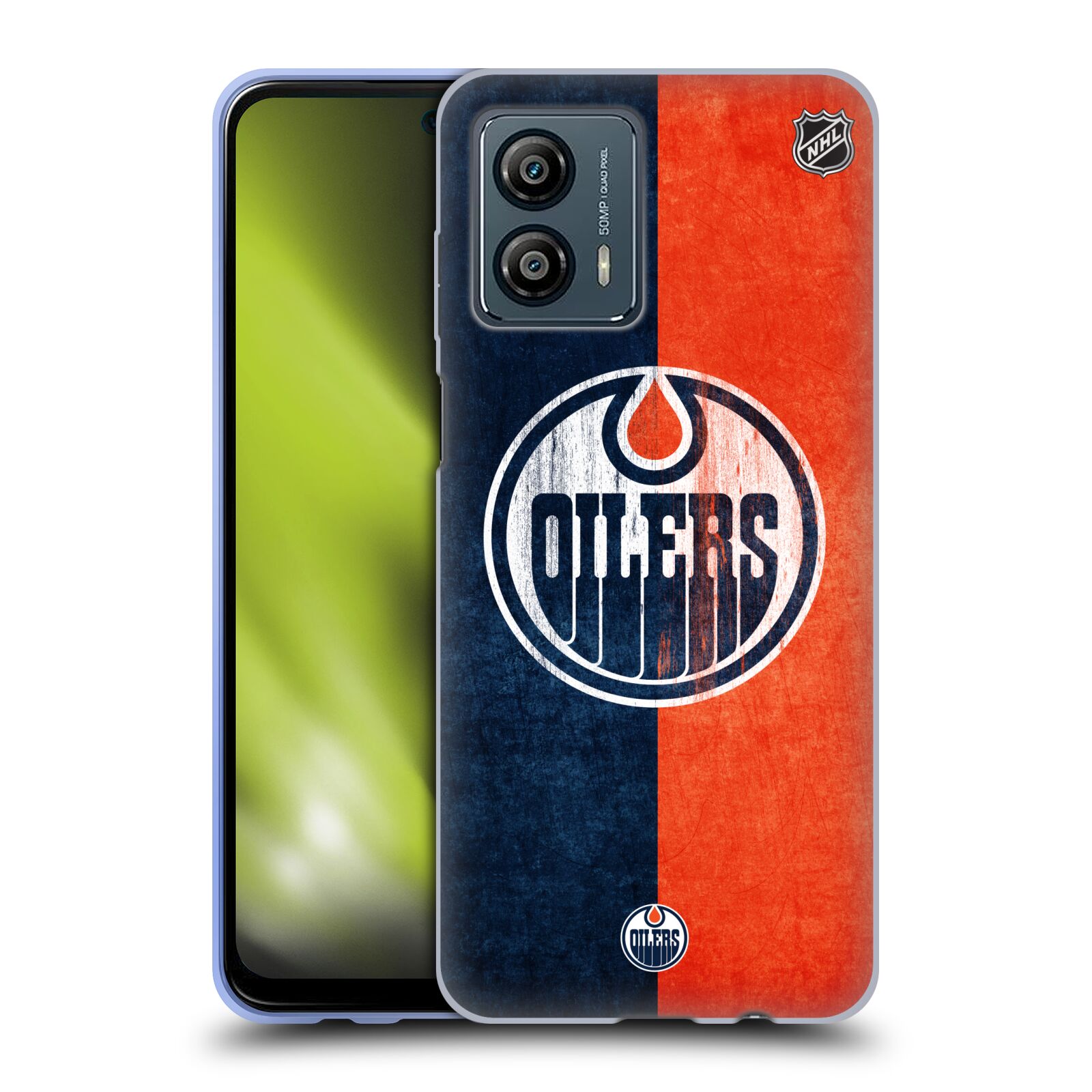 Silikonové pouzdro na mobil Motorola Moto G53 5G - NHL - Půlené logo Edmonton Oilers (Silikonový kryt, obal, pouzdro na mobilní telefon Motorola Moto G53 5G s licencovaným motivem NHL - Půlené logo Edmonton Oilers)