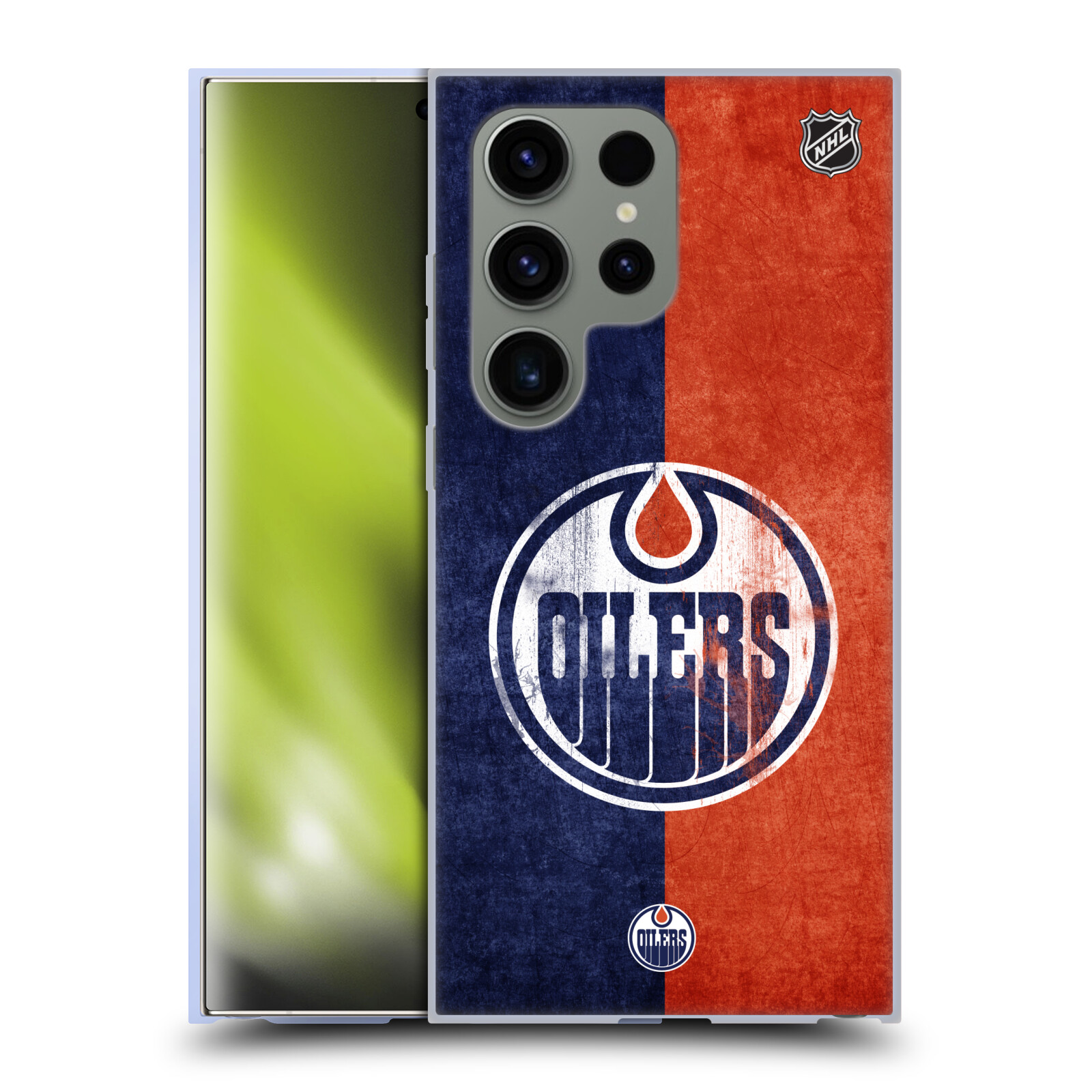 Silikonové lesklé pouzdro na mobil Samsung Galaxy S24 Ultra - NHL - Půlené logo Edmonton Oilers (Silikonový kryt, obal, pouzdro na mobilní telefon Samsung Galaxy S24 Ultra s licencovaným motivem NHL - Půlené logo Edmonton Oilers)