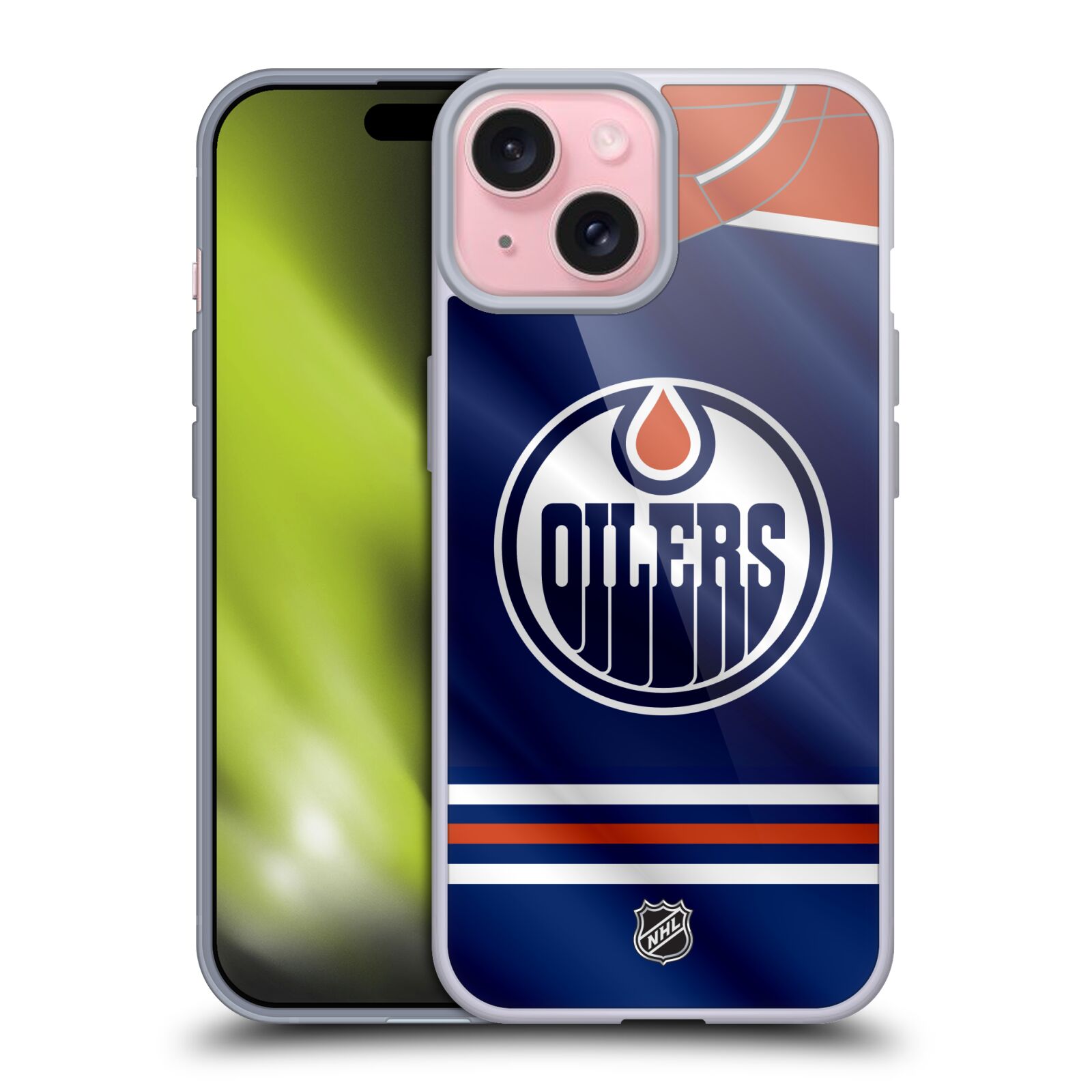 Silikonové lesklé pouzdro na mobil Apple iPhone 15 - NHL - Dres Edmonton Oilers (Silikonový lesklý kryt, obal, pouzdro na mobilní telefon Apple iPhone 15 s licencovaným motivem NHL - Dres Edmonton Oilers)