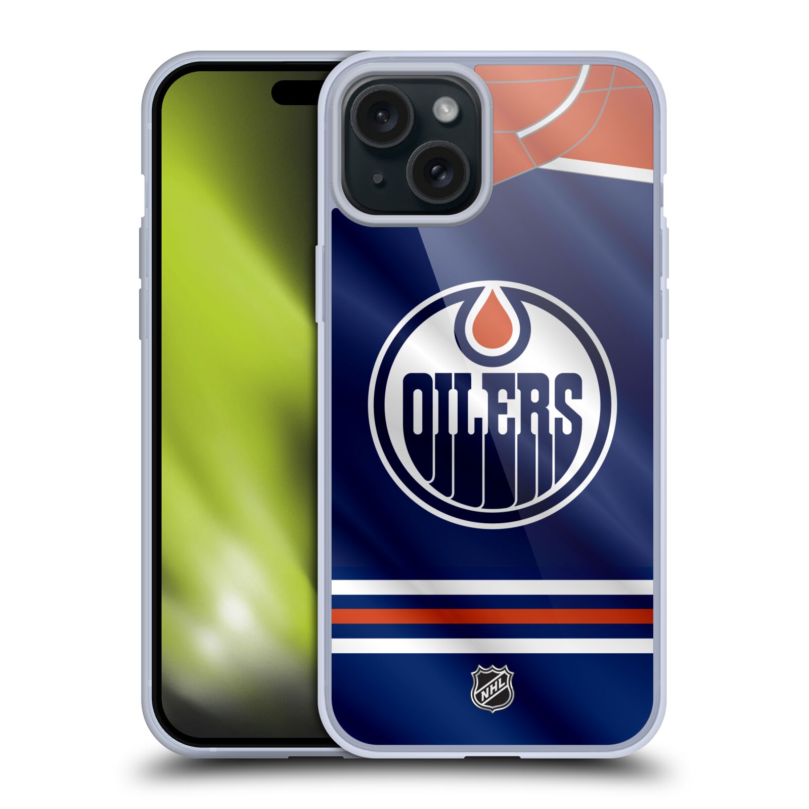 Silikonové lesklé pouzdro na mobil Apple iPhone 15 Plus - NHL - Dres Edmonton Oilers (Silikonový lesklý kryt, obal, pouzdro na mobilní telefon Apple iPhone 15 Plus s licencovaným motivem NHL - Dres Edmonton Oilers)
