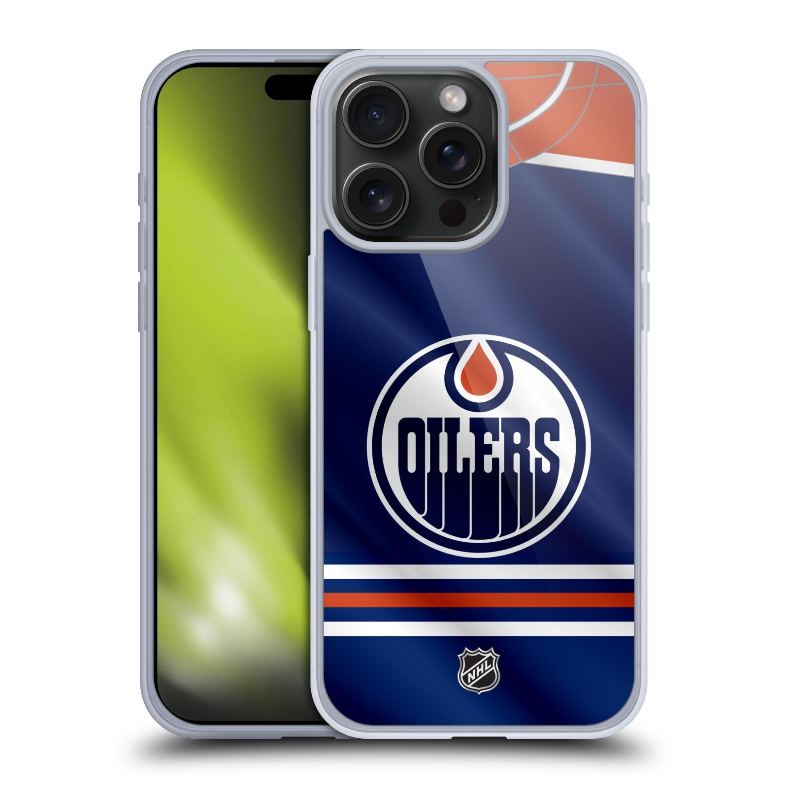 Silikonové lesklé pouzdro na mobil Apple iPhone 15 Pro Max - NHL - Dres Edmonton Oilers (Silikonový lesklý kryt, obal, pouzdro na mobilní telefon Apple iPhone 15 Pro Max s licencovaným motivem NHL - Dres Edmonton Oilers)