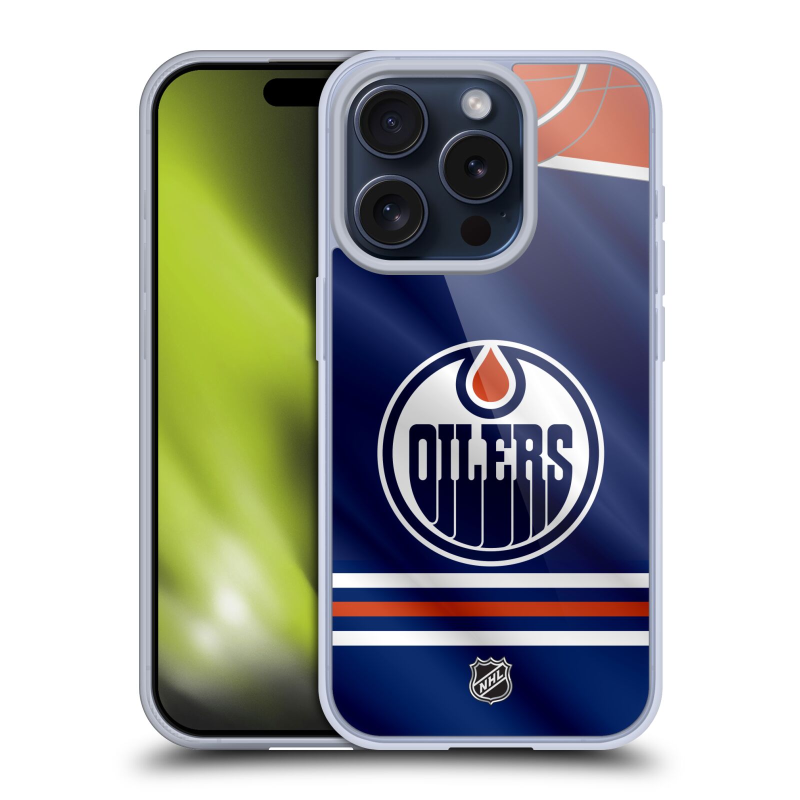Silikonové lesklé pouzdro na mobil Apple iPhone 15 Pro - NHL - Dres Edmonton Oilers (Silikonový lesklý kryt, obal, pouzdro na mobilní telefon Apple iPhone 15 Pro s licencovaným motivem NHL - Dres Edmonton Oilers)