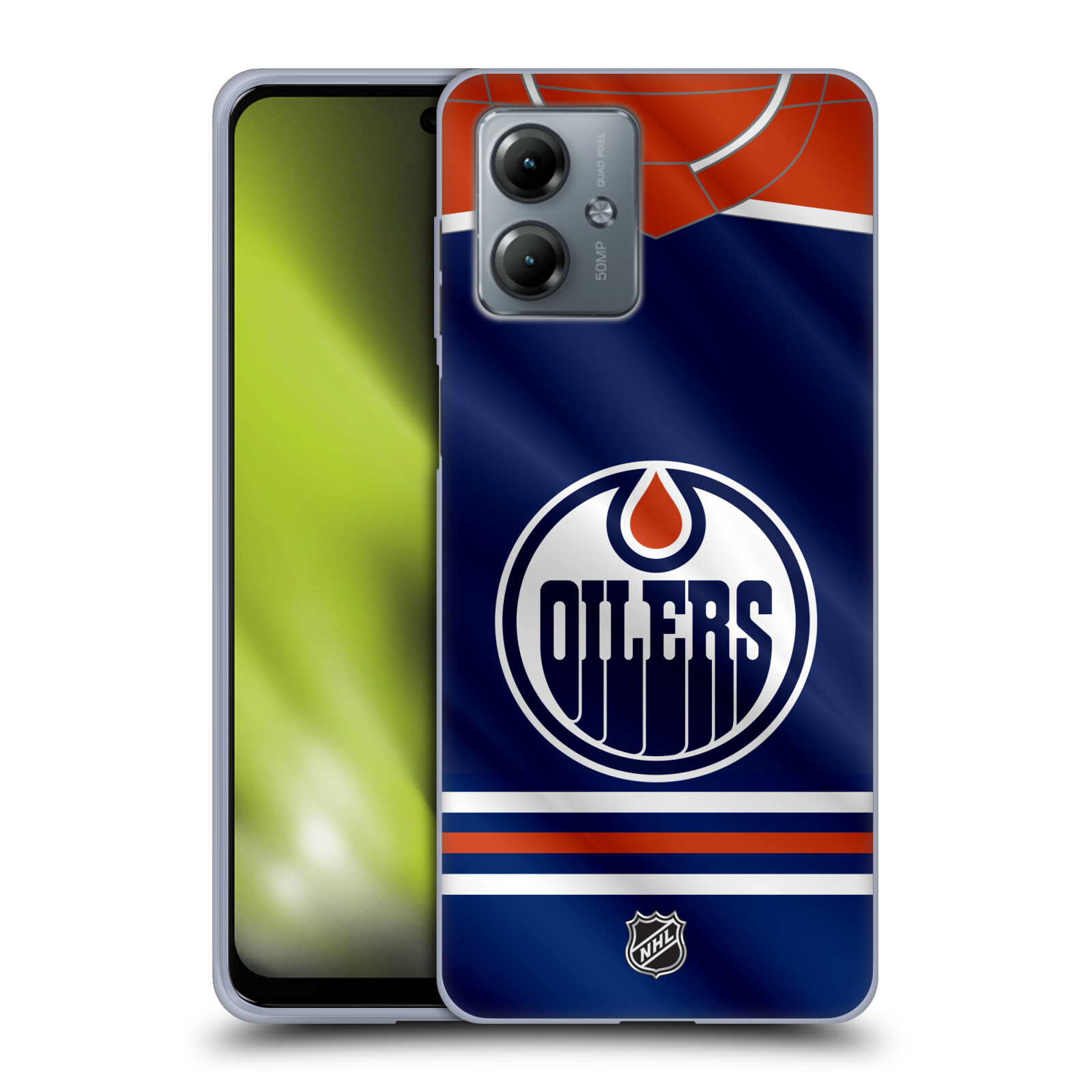 Silikonové pouzdro na mobil Motorola Moto G14 - NHL - Dres Edmonton Oilers (Silikonový kryt, obal, pouzdro na mobilní telefon Motorola Moto G14 s licencovaným motivem NHL - Dres Edmonton Oilers)