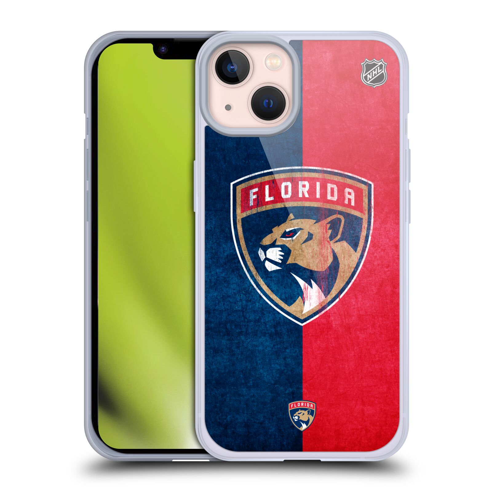 Silikonové pouzdro na mobil Apple iPhone 13 - NHL - Půlené logo Florida Panthers (Silikonový kryt, obal, pouzdro na mobilní telefon Apple iPhone 13 s licencovaným motivem NHL - Půlené logo Florida Panthers)