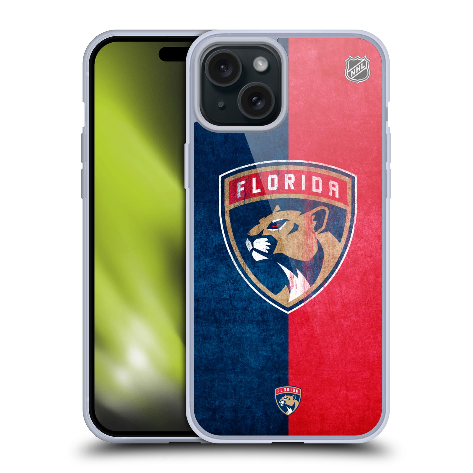 Silikonové lesklé pouzdro na mobil Apple iPhone 15 Plus - NHL - Půlené logo Florida Panthers (Silikonový lesklý kryt, obal, pouzdro na mobilní telefon Apple iPhone 15 Plus s licencovaným motivem NHL - Půlené logo Florida Panthers)