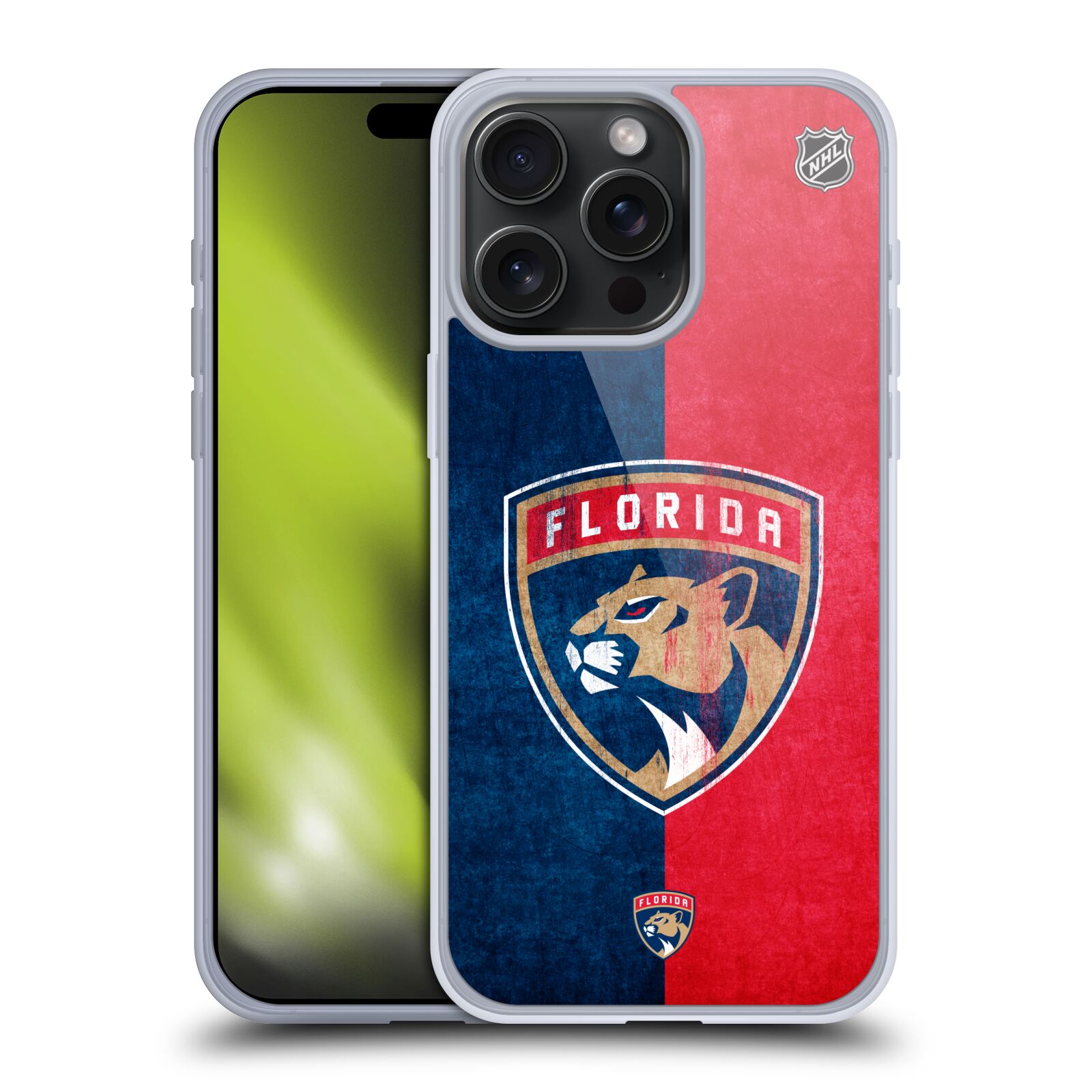 Silikonové lesklé pouzdro na mobil Apple iPhone 15 Pro Max - NHL - Půlené logo Florida Panthers (Silikonový lesklý kryt, obal, pouzdro na mobilní telefon Apple iPhone 15 Pro Max s licencovaným motivem NHL - Půlené logo Florida Panthers)